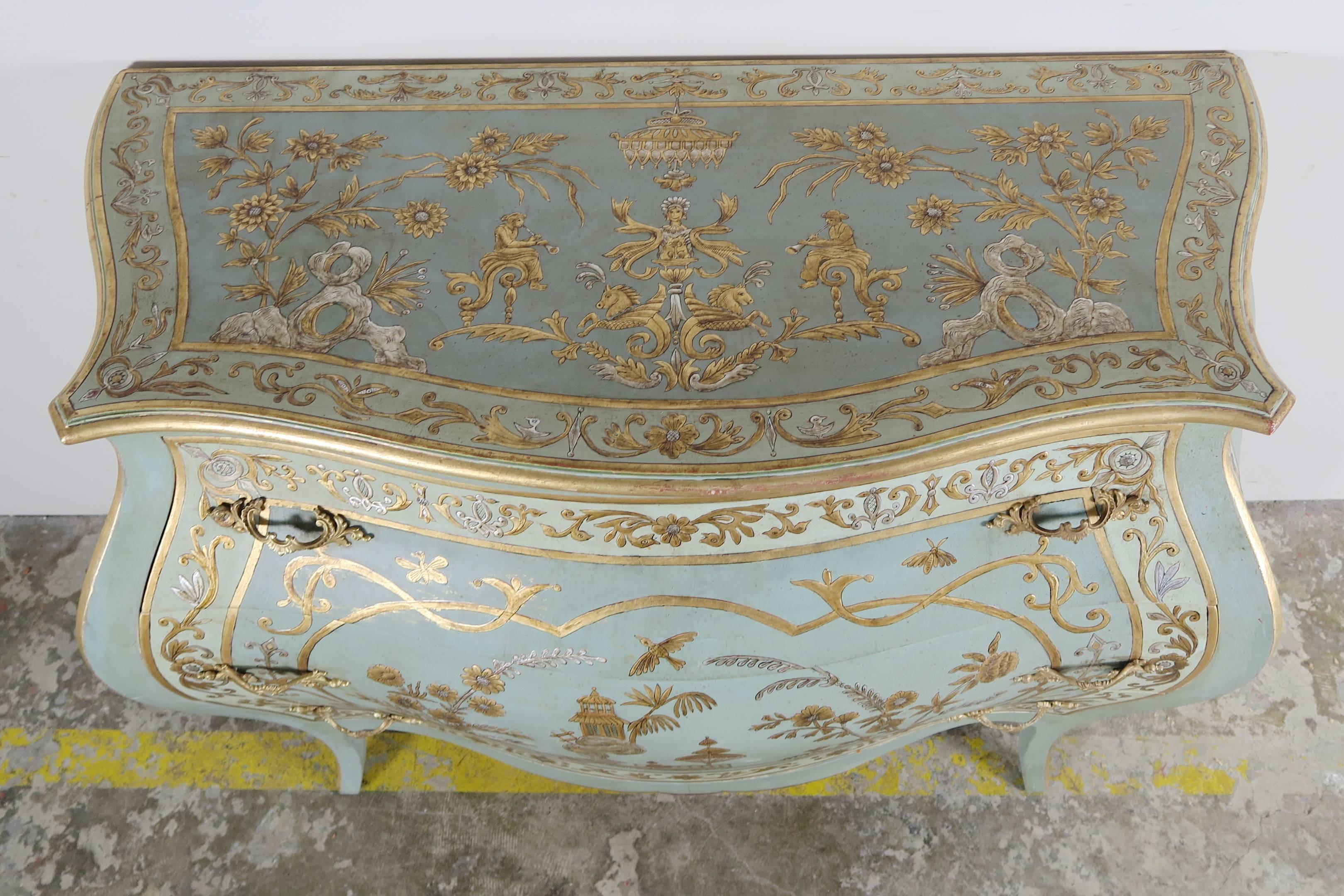 Cast Pair of Blue Chinoiserie Painted Bombay Commodes