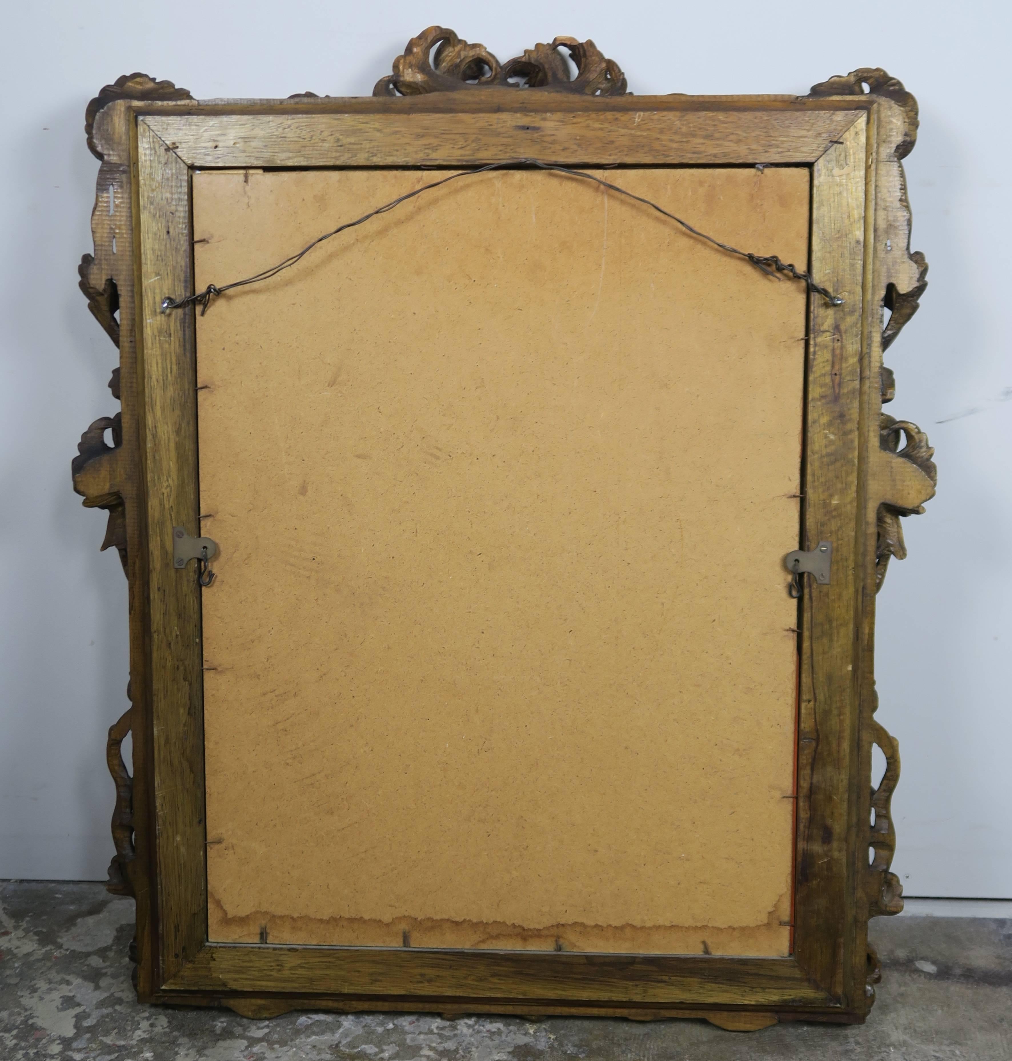 Mid-20th Century French Walnut Carved Wood Mirror with Flowers
