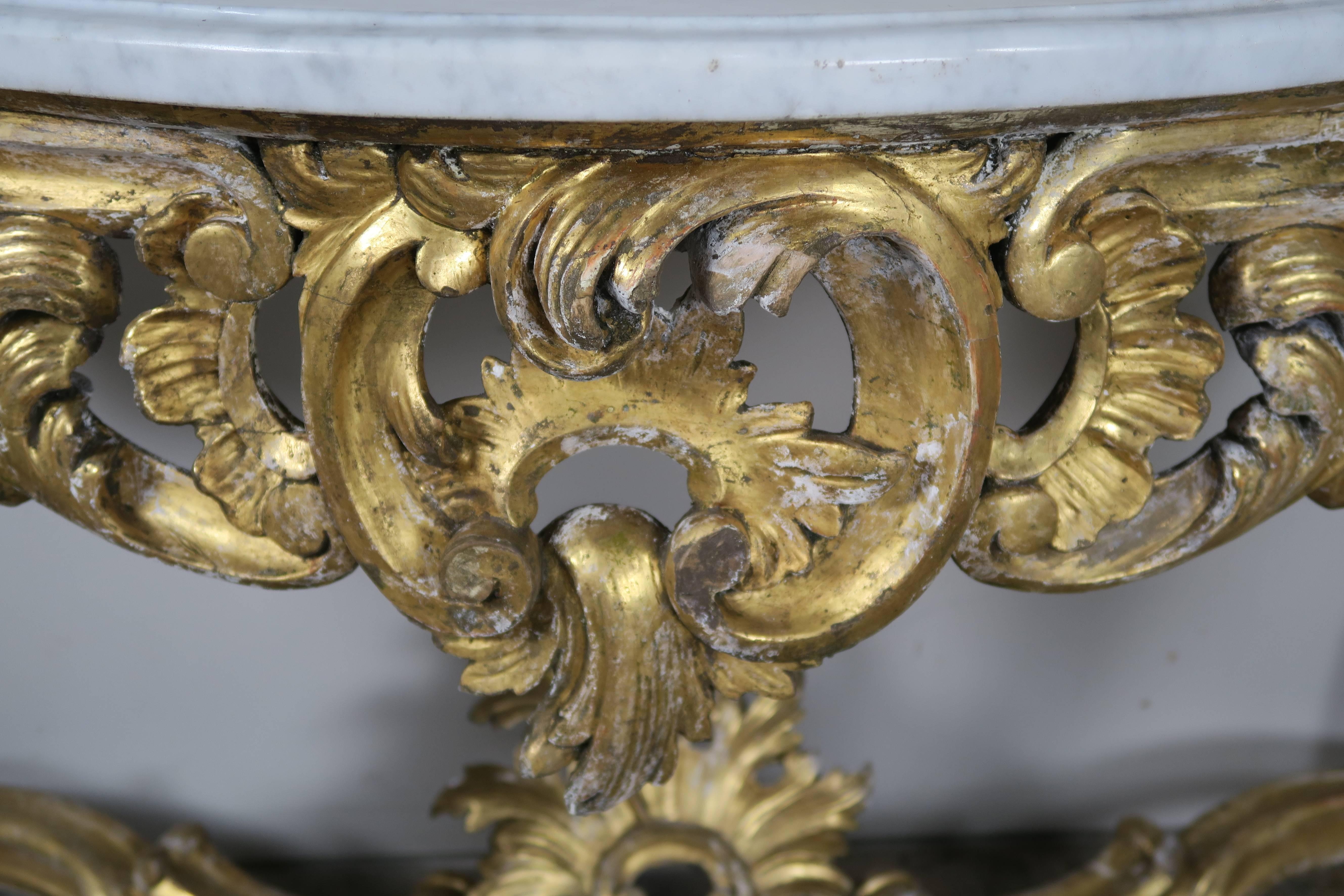Hand-Carved 19th Century French Rococo Style Giltwood Console with Carrara Marble