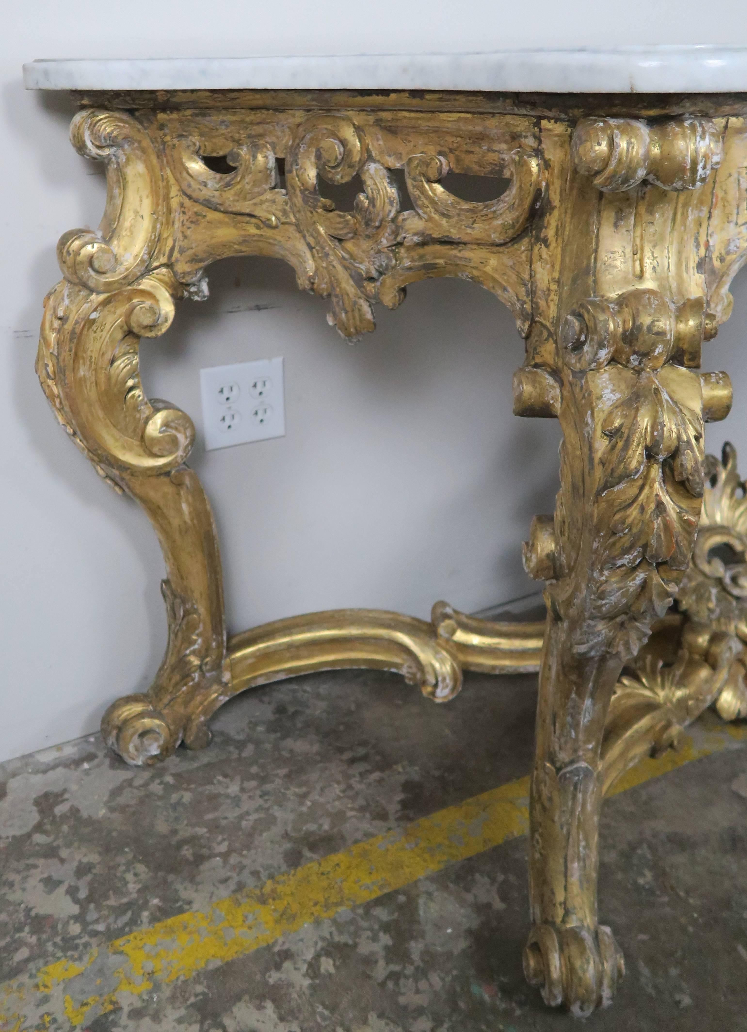 19th Century French Rococo Style Giltwood Console with Carrara Marble In Distressed Condition In Los Angeles, CA