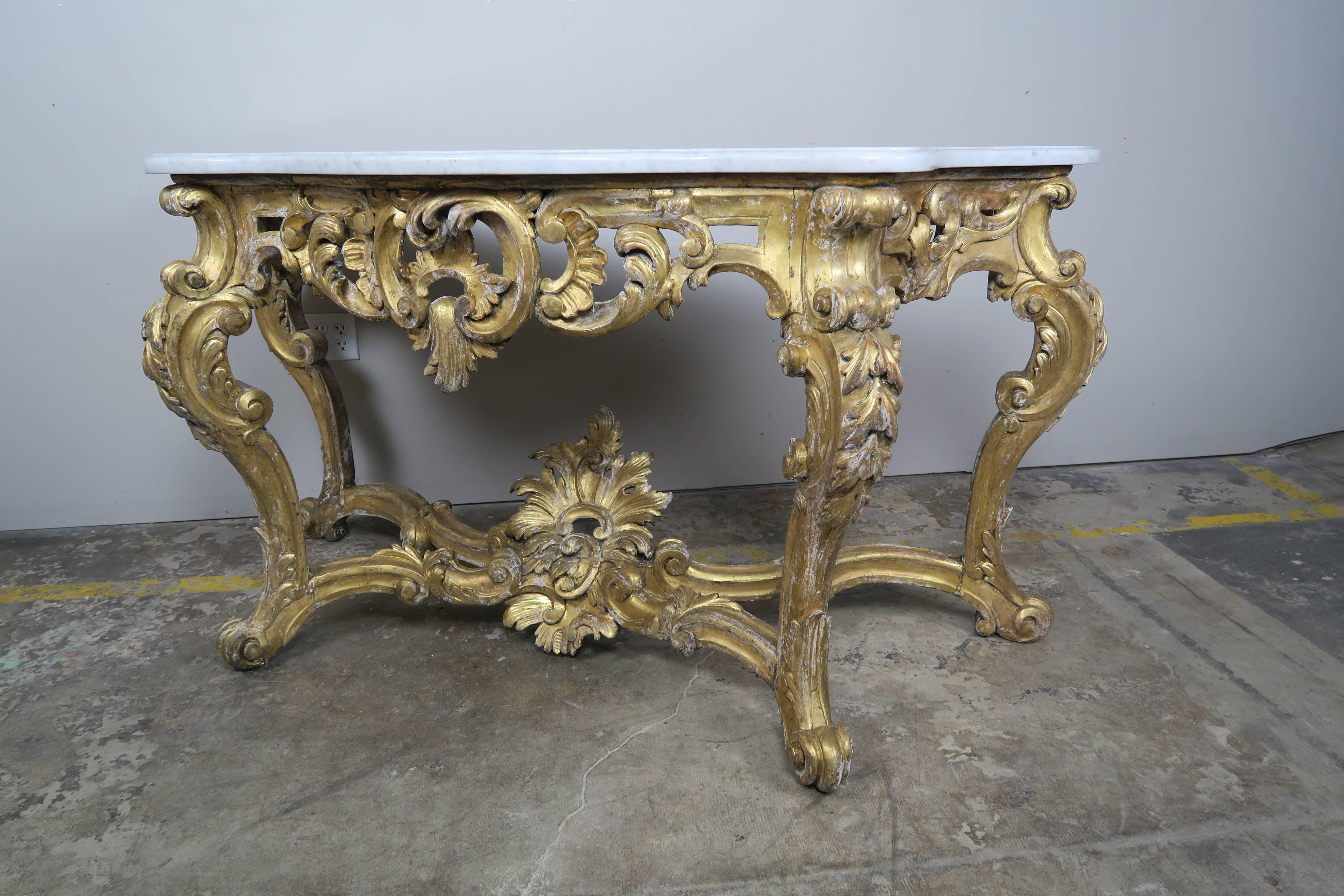 19th Century French Rococo Style Giltwood Console with Carrara Marble 1