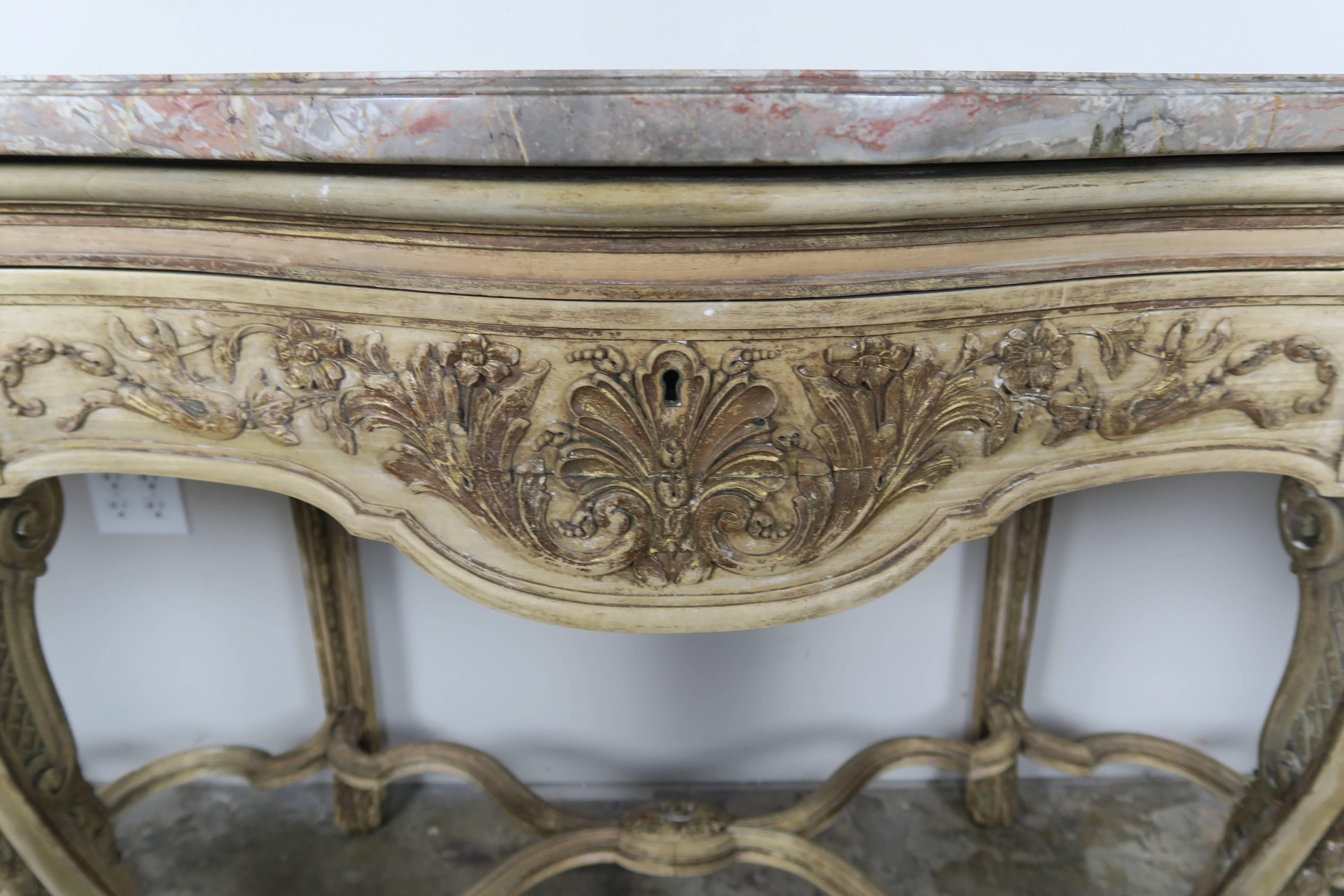 19th Century French Carved Painted Sideboard In Distressed Condition In Los Angeles, CA