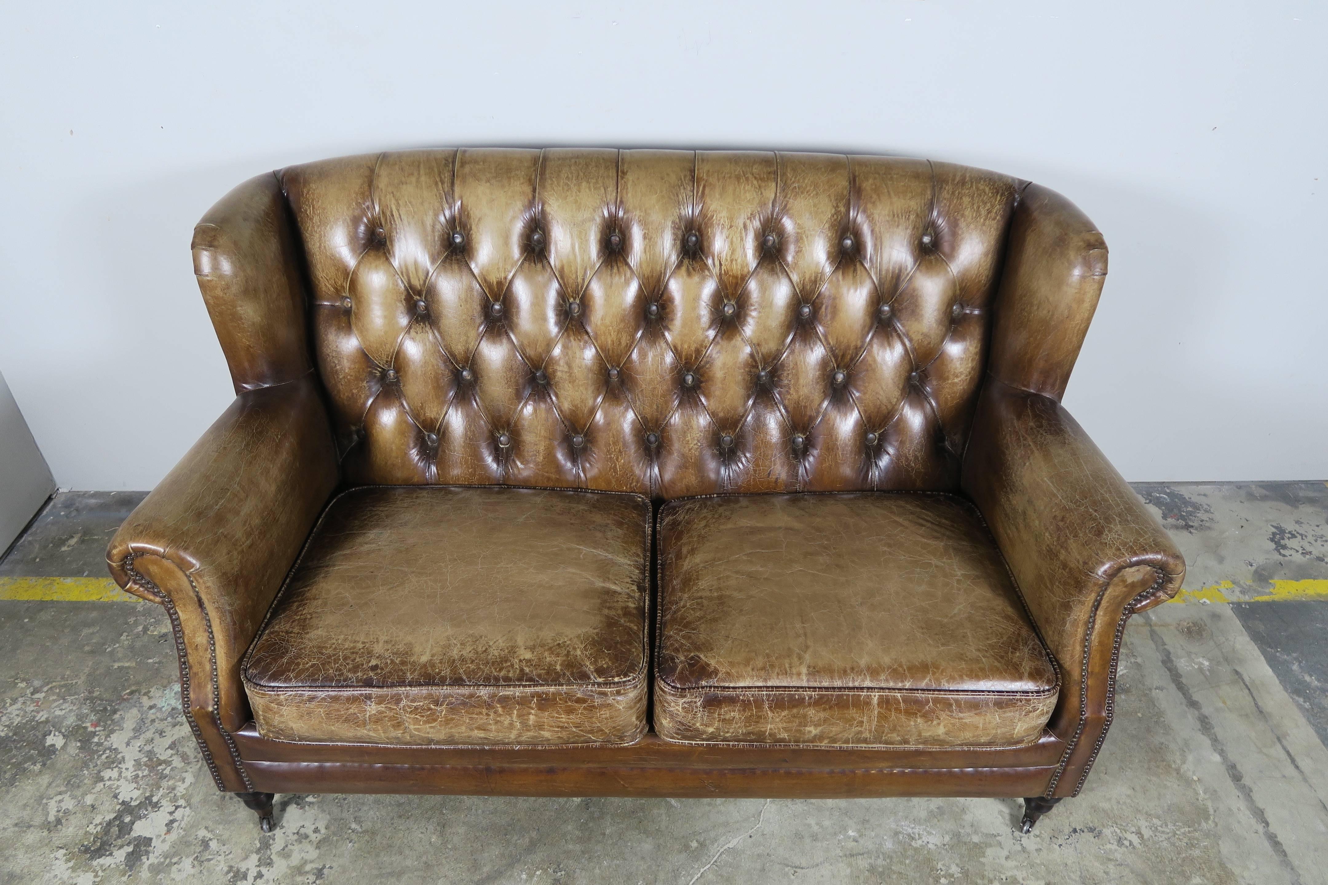 Chesterfield English Leather Tufted Sofa with Nailhead Trim Detail