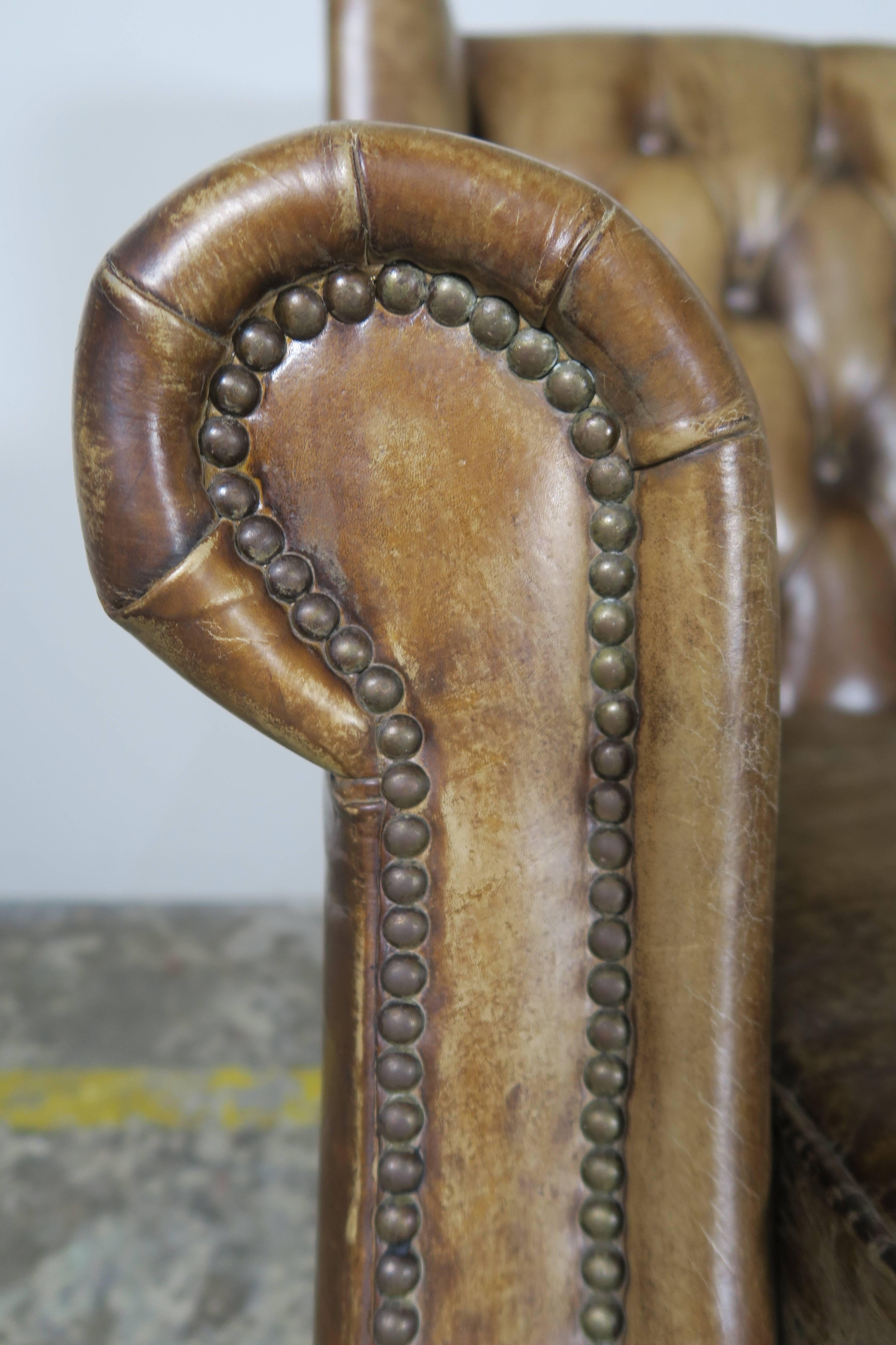 English Leather Tufted Sofa with Nailhead Trim Detail 2