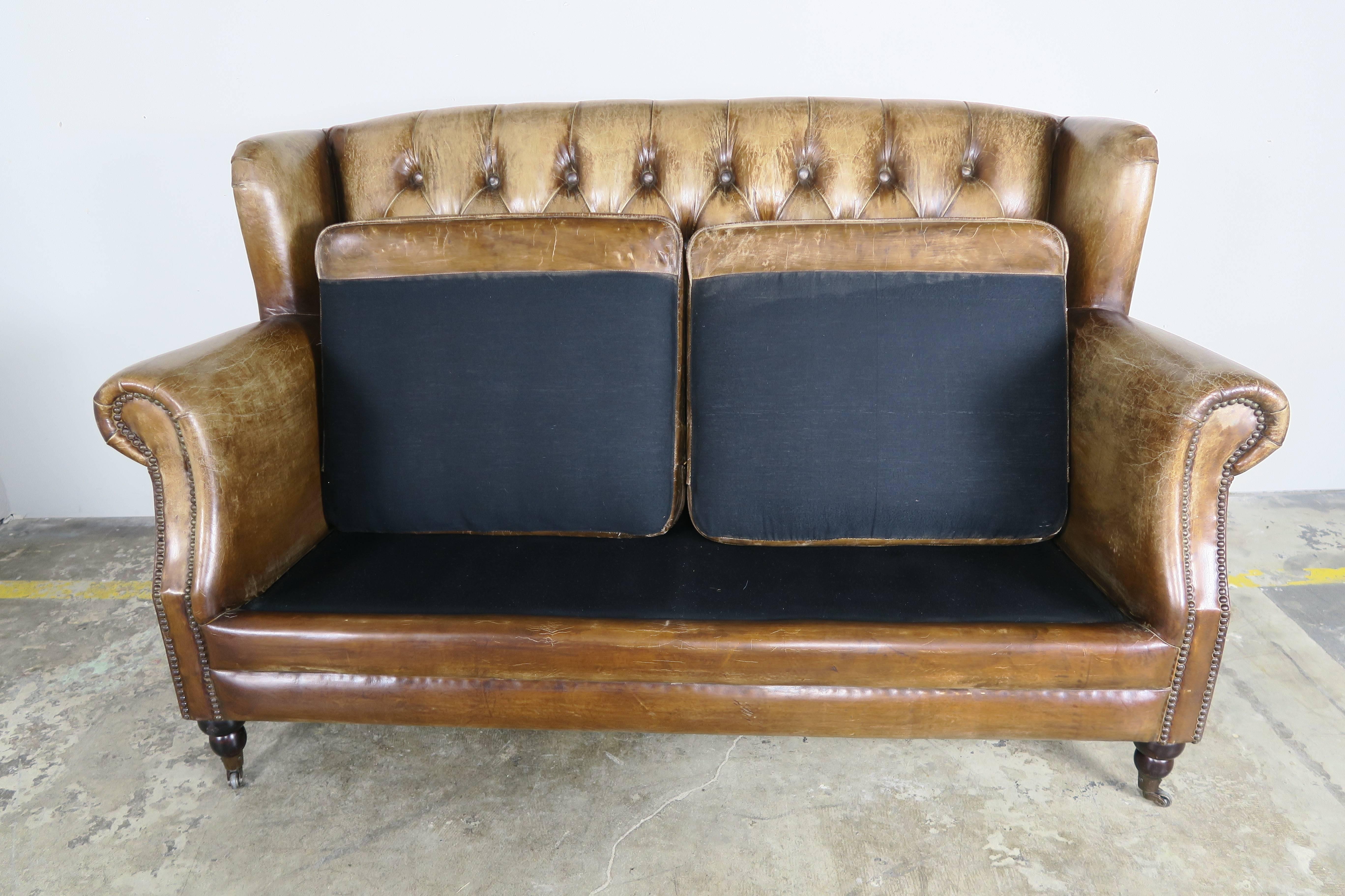 English Leather Tufted Sofa with Nailhead Trim Detail 5