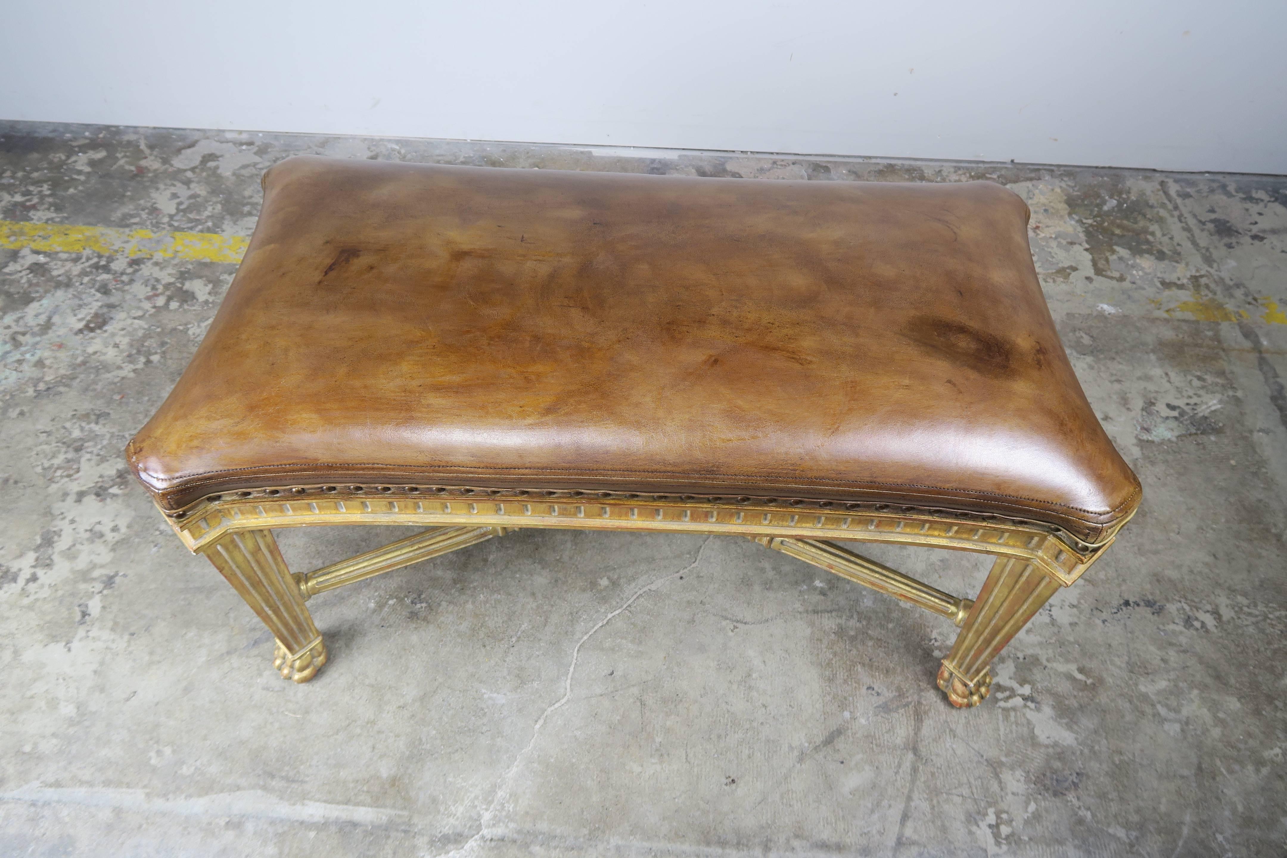 Italian Leather Upholstered Gilt Wood Bench by Dennis & Leen