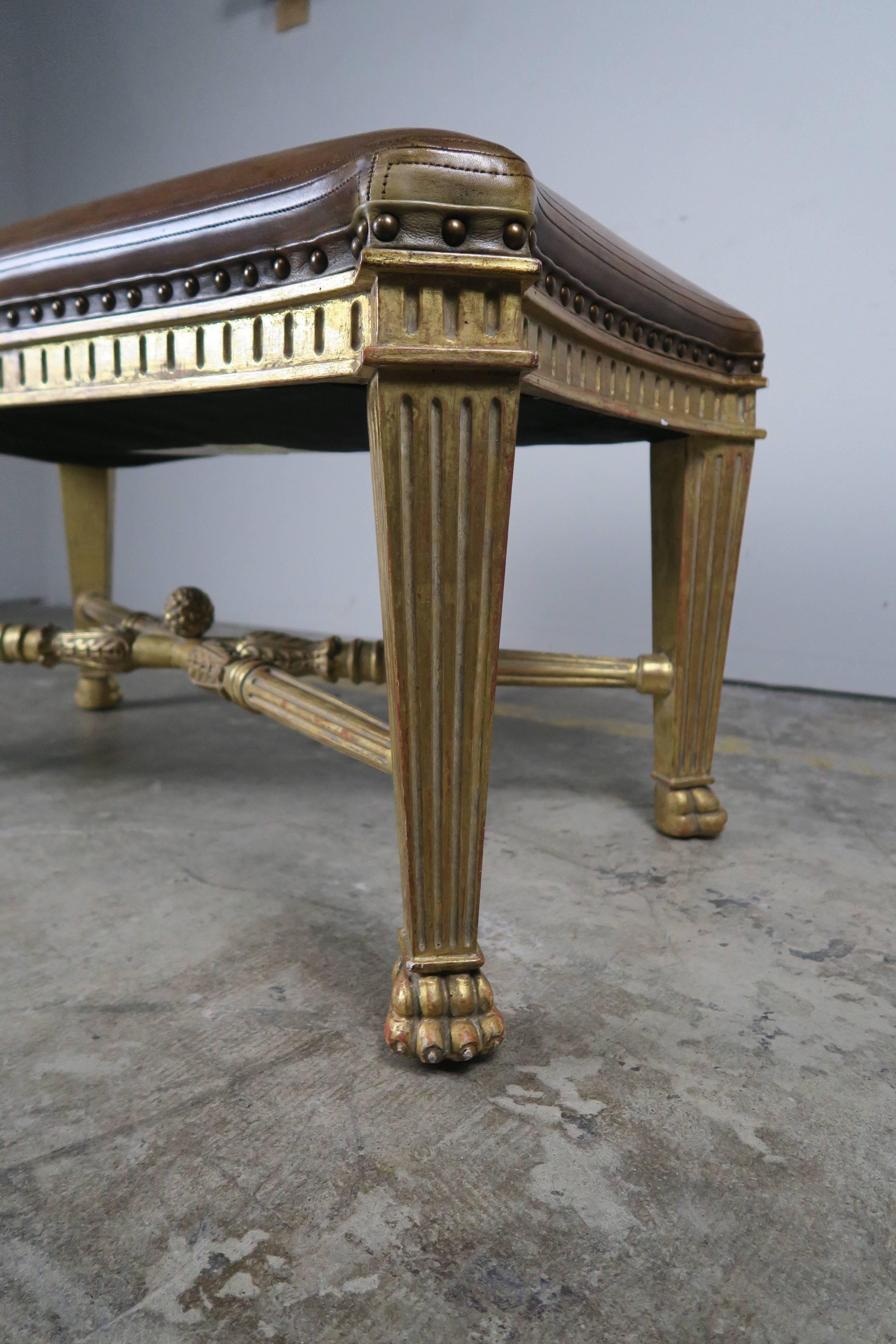 Leather Upholstered Gilt Wood Bench by Dennis & Leen In Distressed Condition In Los Angeles, CA