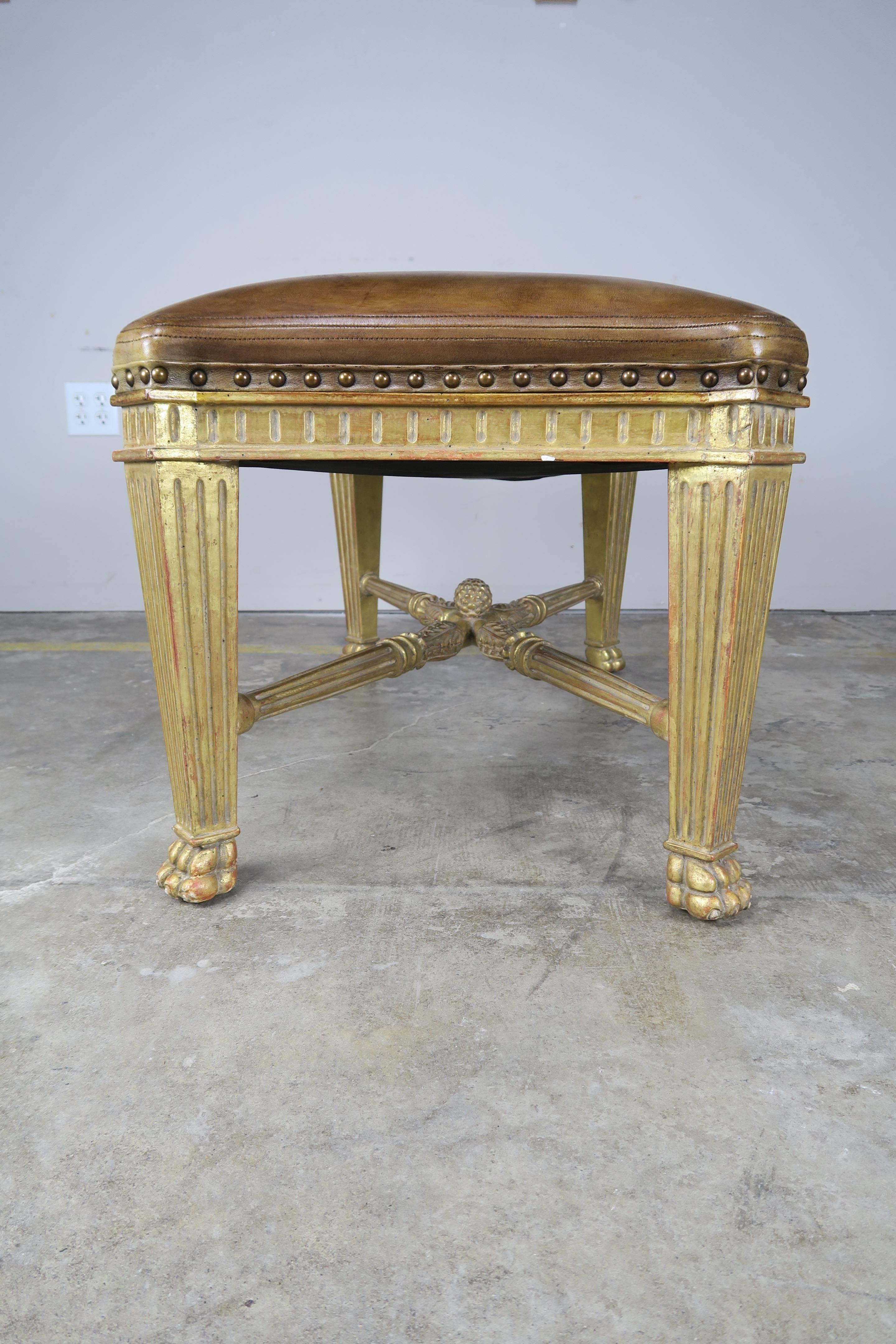 20th Century Leather Upholstered Gilt Wood Bench by Dennis & Leen