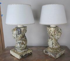 19th Century Italian Capital Fragment Lamps w/ Linen Shades, Pair