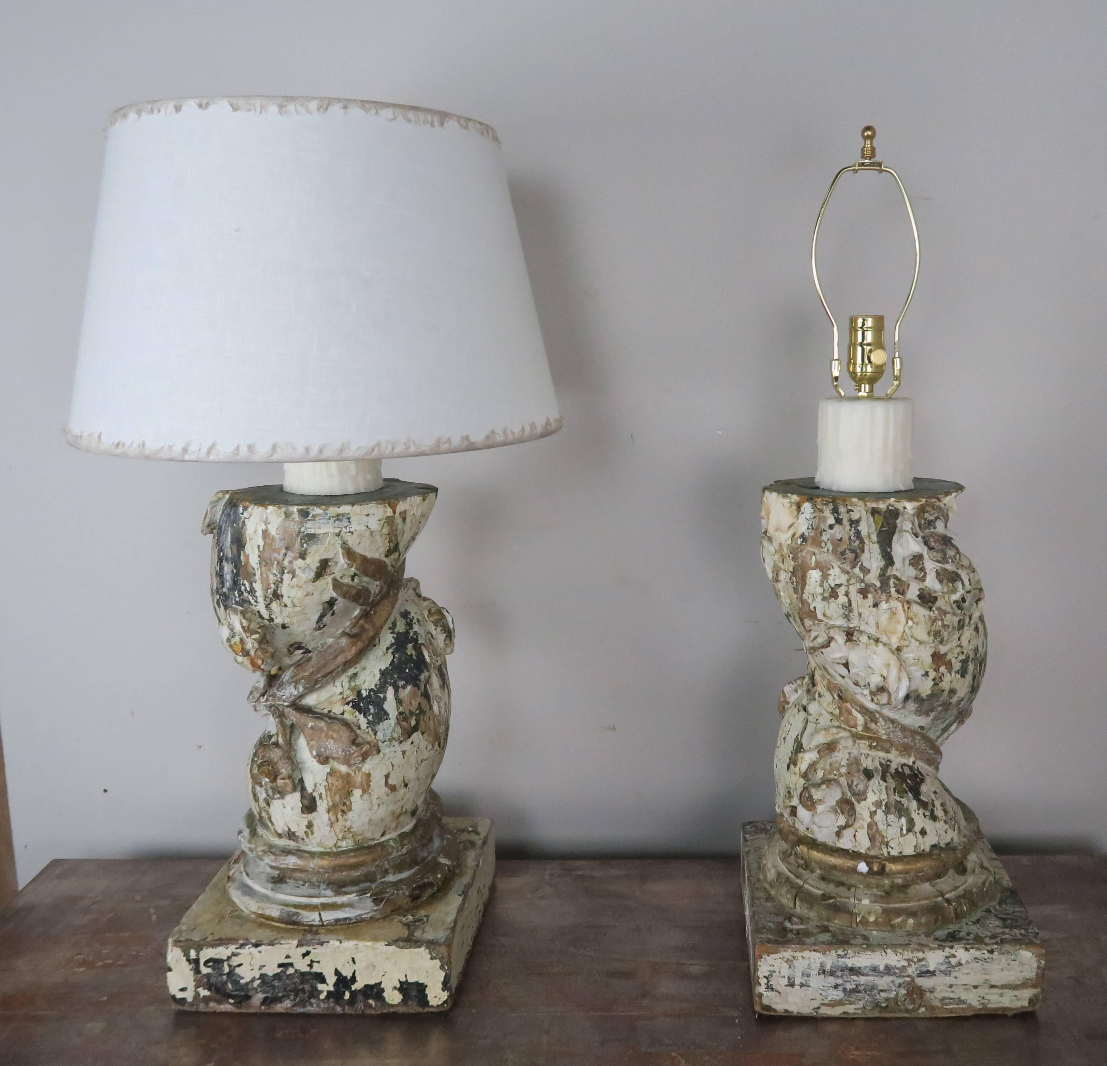 19th Century Italian Capital Fragment Lamps w/ Linen Shades, Pair 1