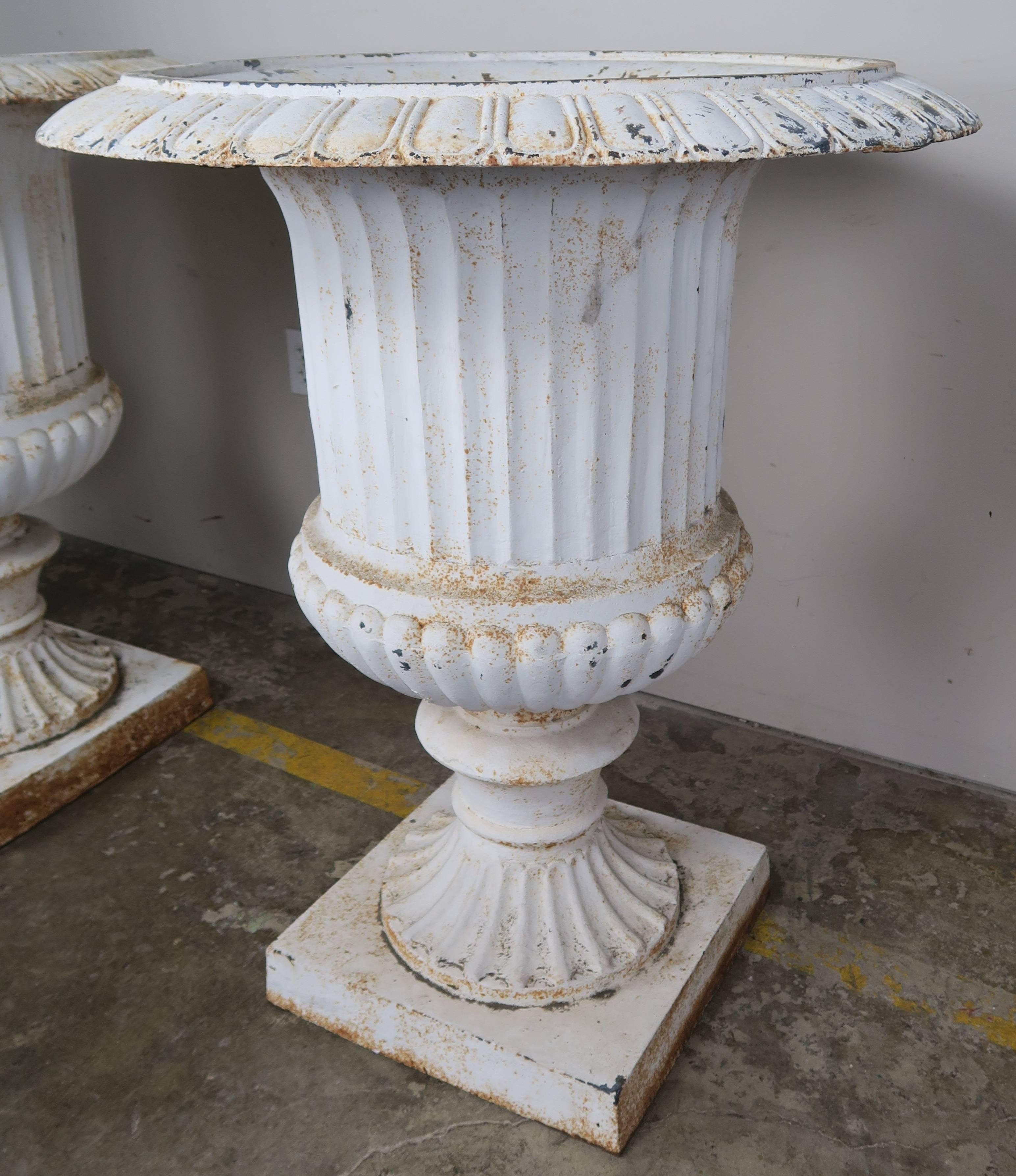 Monumental Painted Cast Iron Planters, Pair In Distressed Condition In Los Angeles, CA