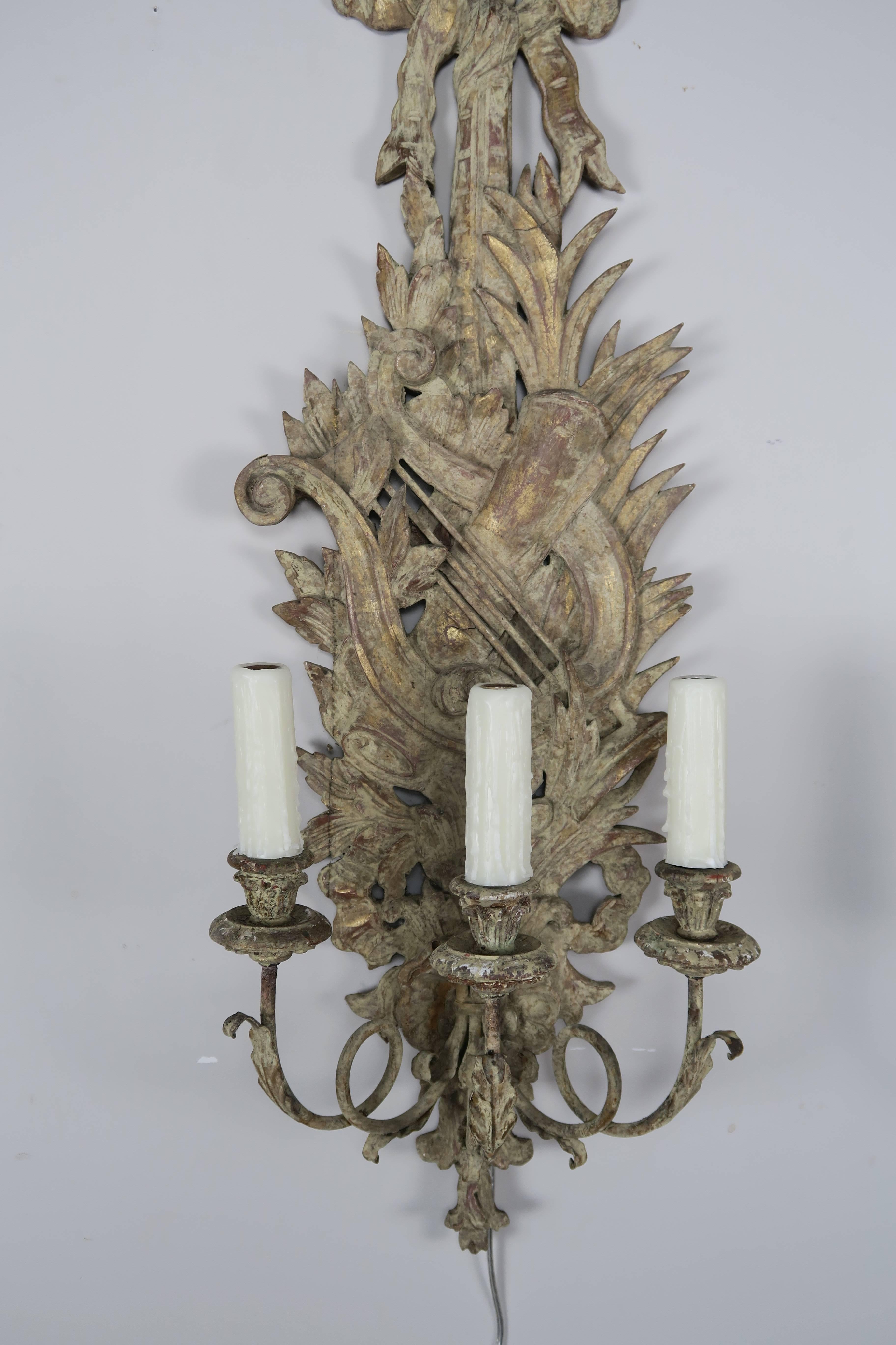 Rococo Pair of French Carved Wood Sconces, circa 1920