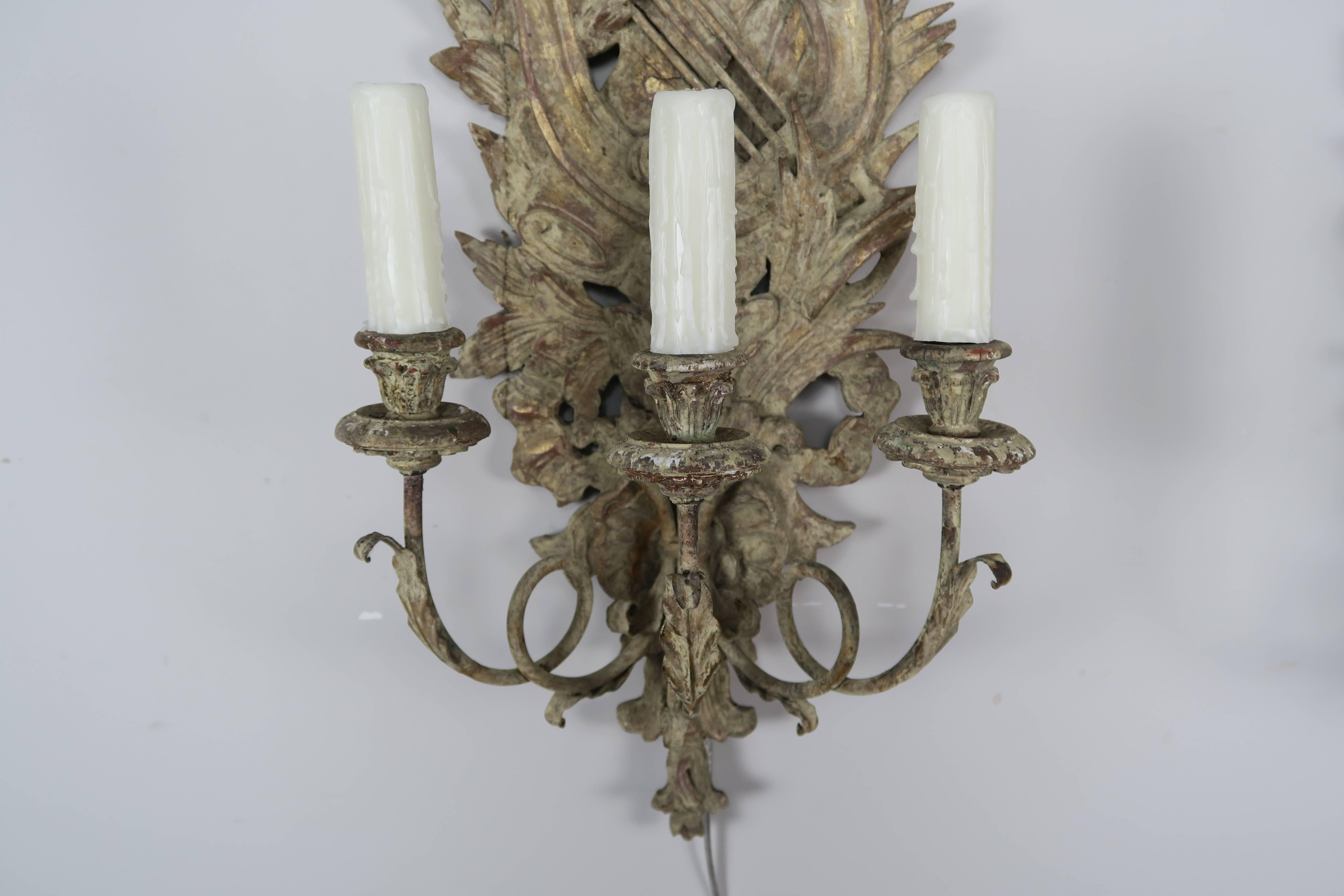 Gilt Pair of French Carved Wood Sconces, circa 1920