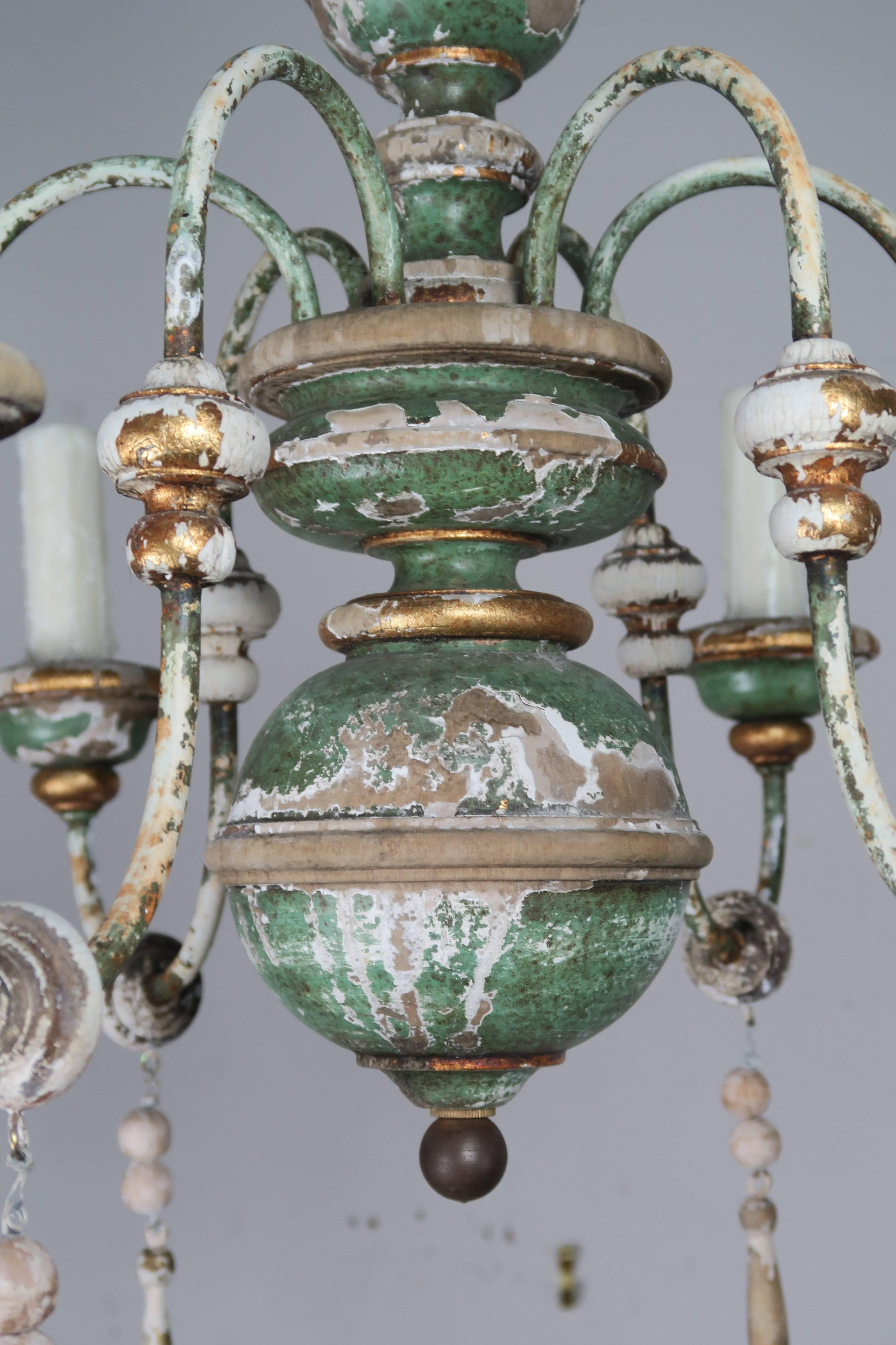 Rococo Italian Painted and Parcel-Gilt Chandelier with Wood Drops