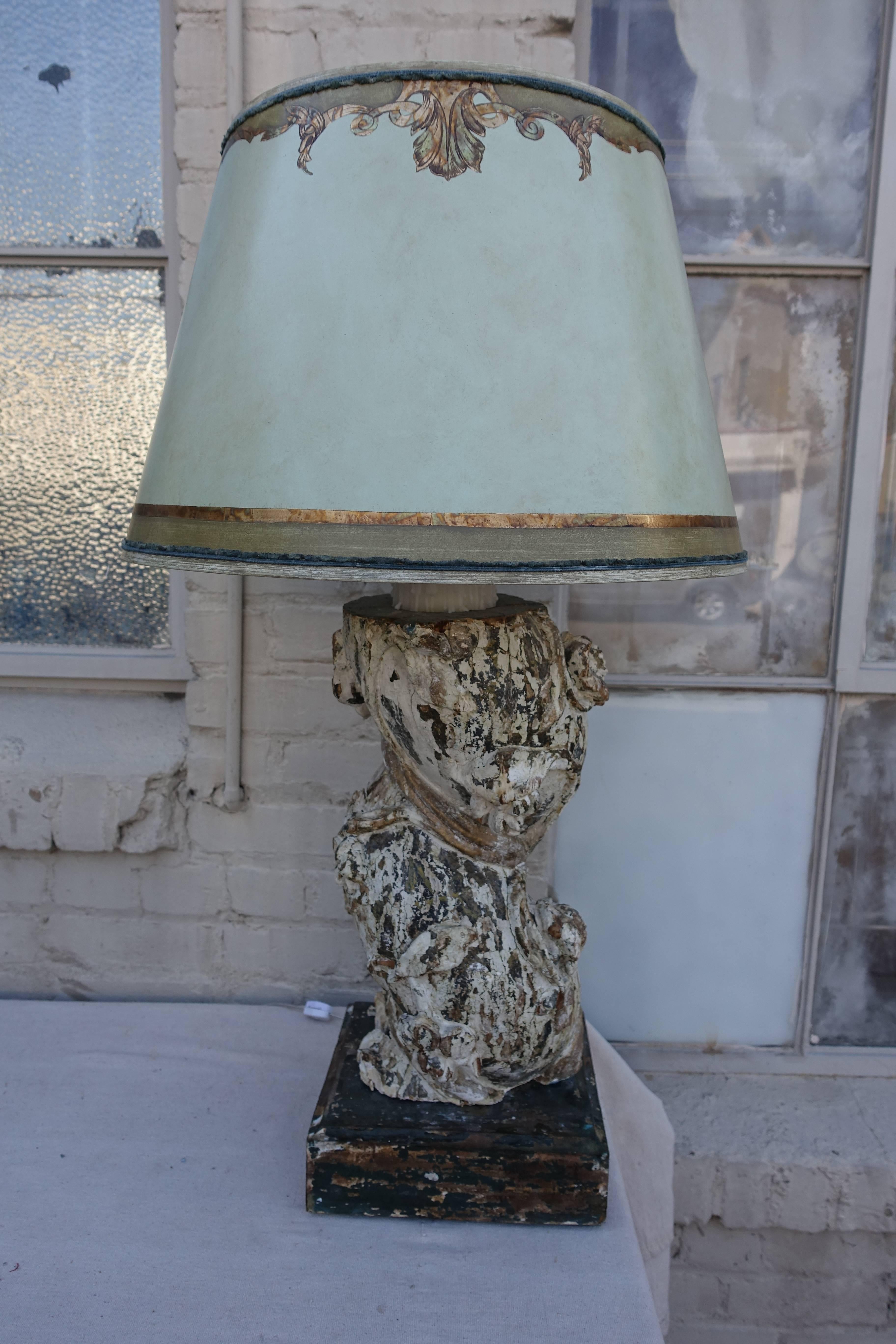 Pair of 19th century Italian column lamps with shades. The lamps have been newly wired with wax candles for decoration only. The lamps are crowned with hand-painted parchment shades with hand-painted gold detailing.