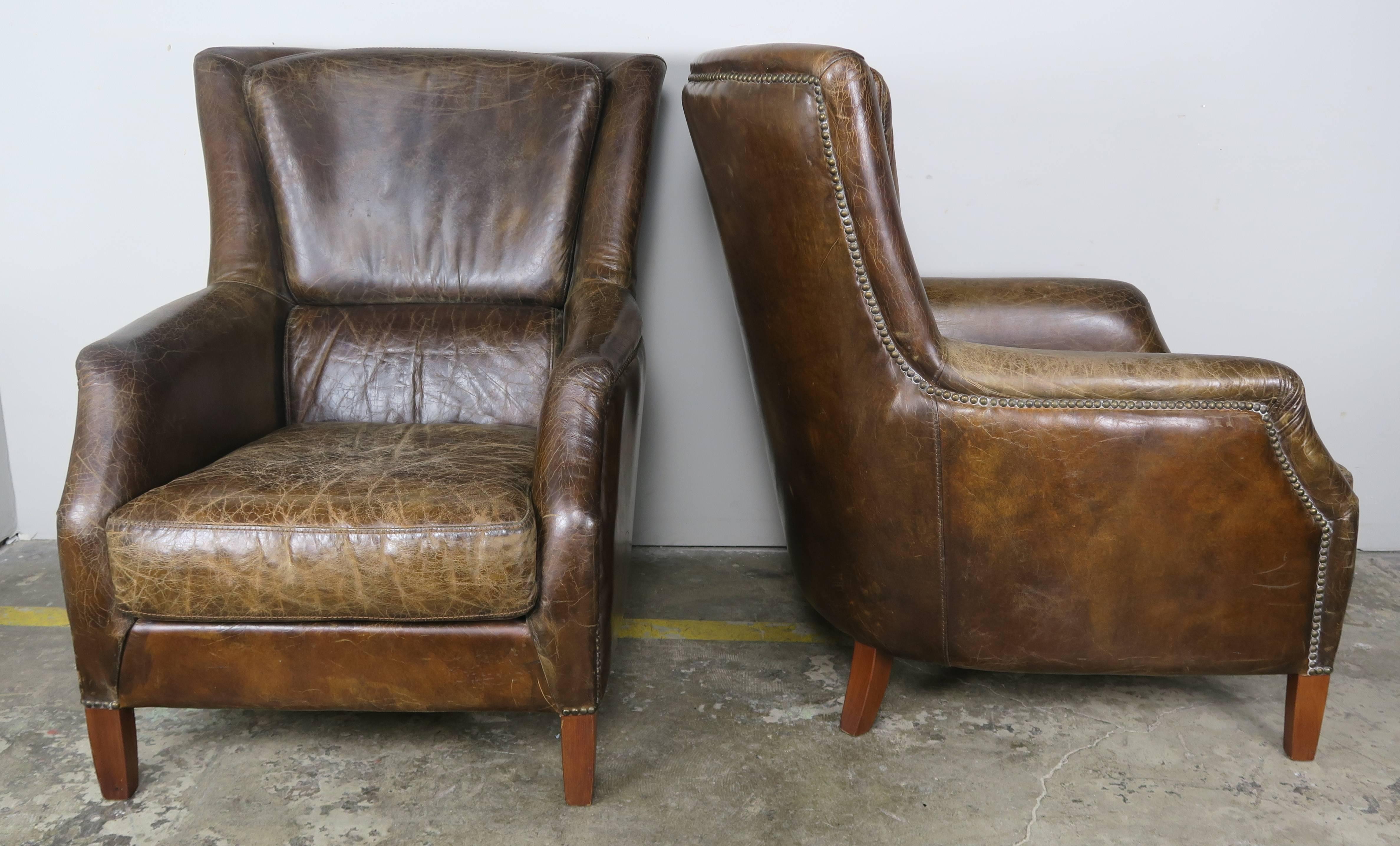 French Pair of Tobacco Colored Leather Armchairs