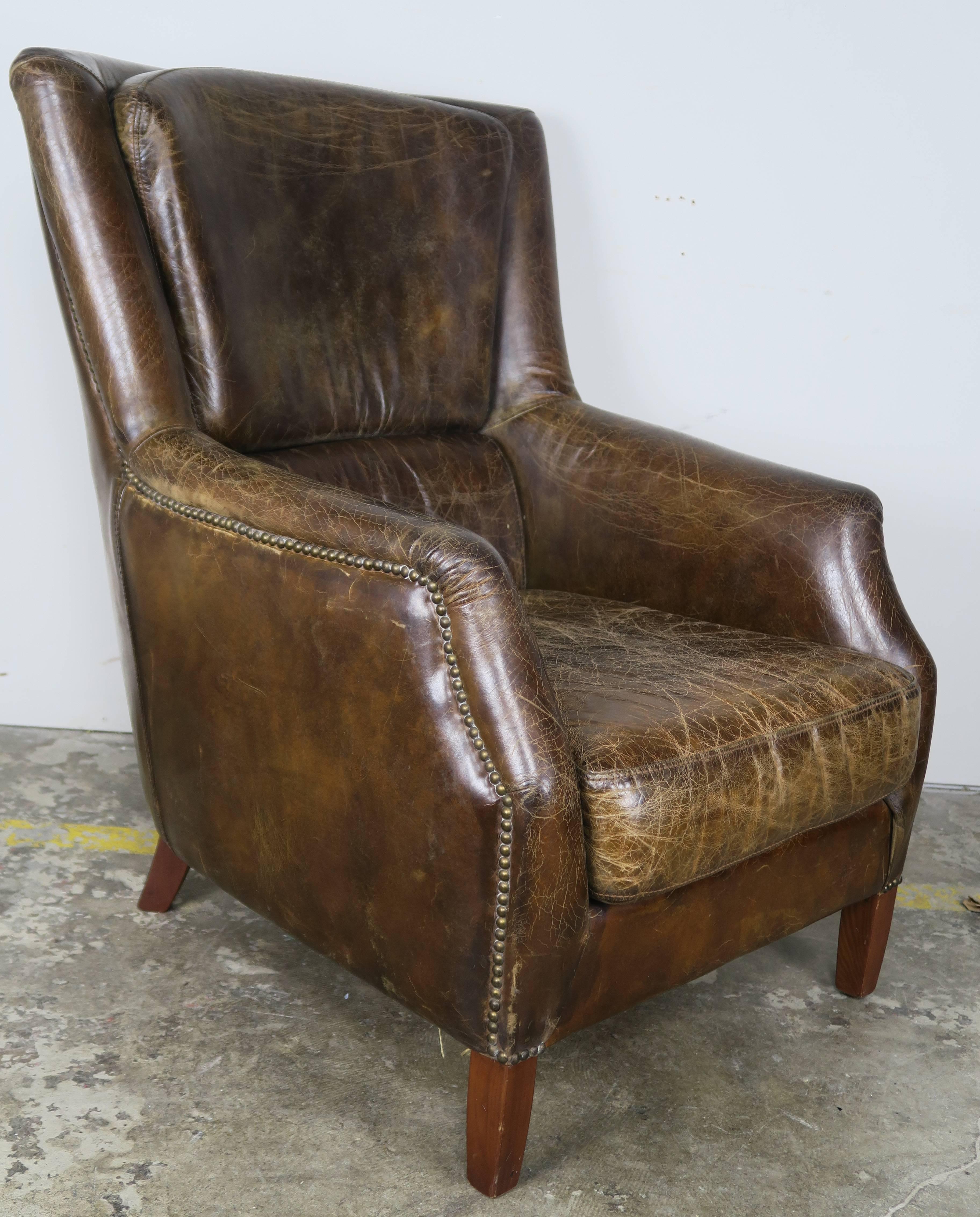 Pair of Tobacco Colored Leather Armchairs In Distressed Condition In Los Angeles, CA