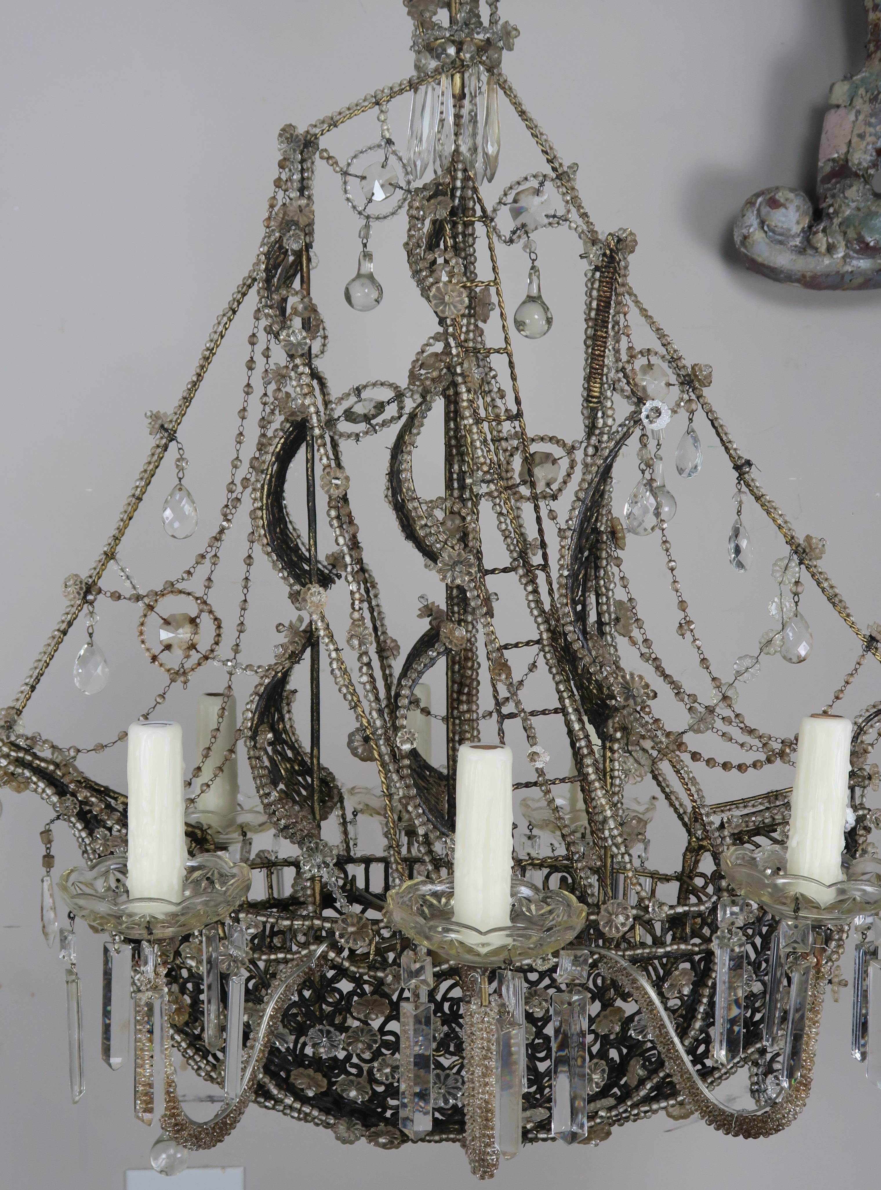 Baroque Unique French Crystal Beaded Ship Chandelier, circa 1930s