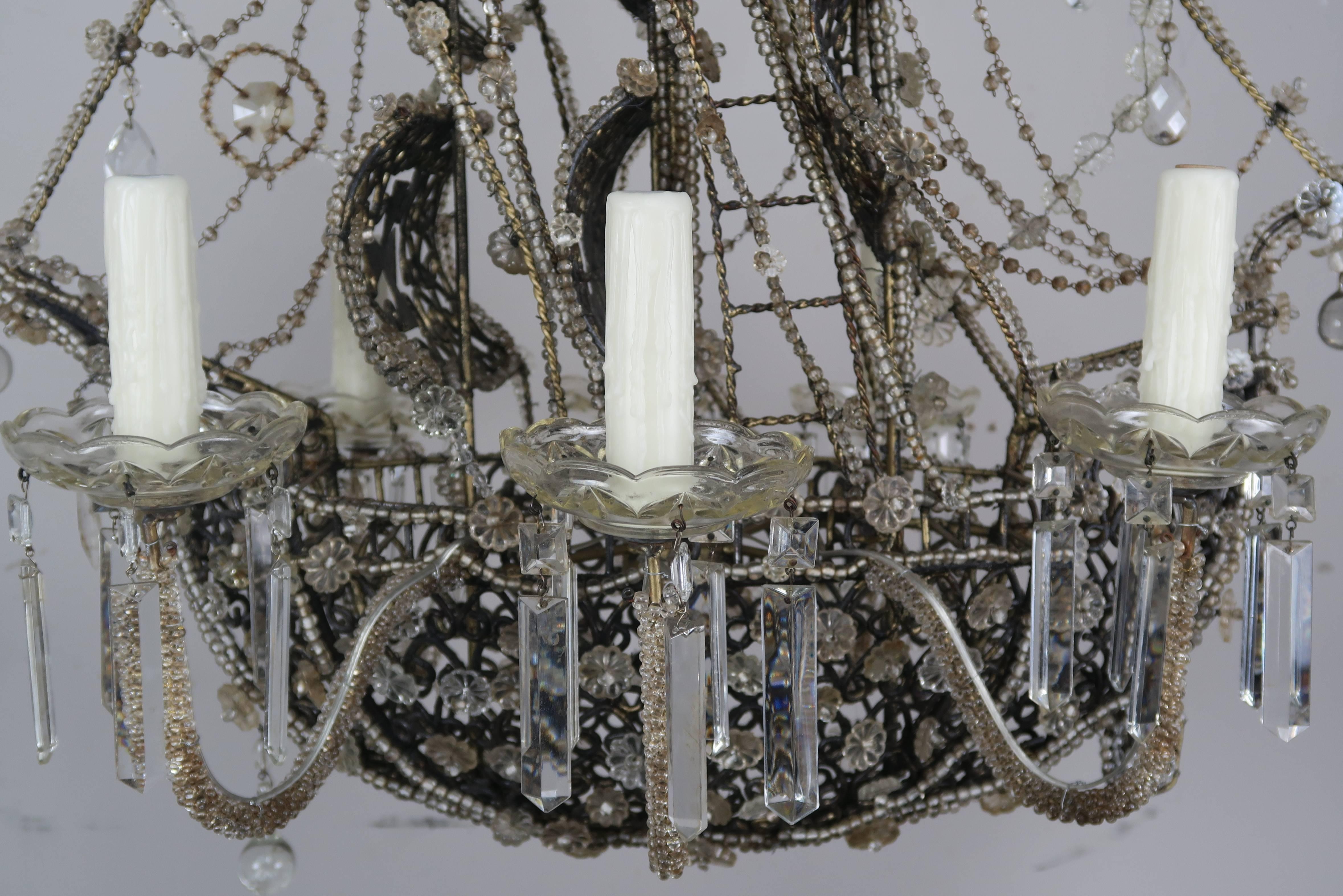 Unique French Crystal Beaded Ship Chandelier, circa 1930s In Distressed Condition In Los Angeles, CA