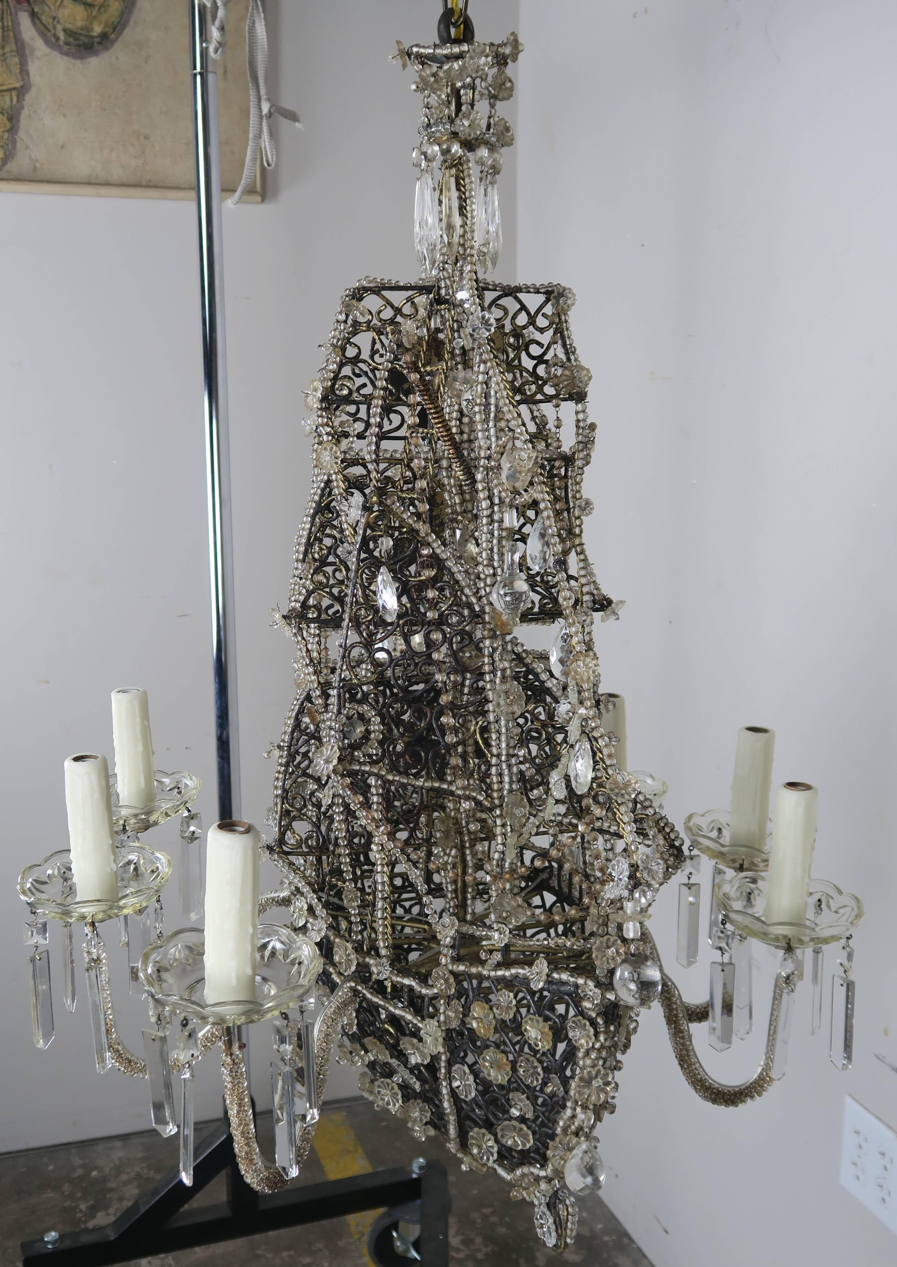 Unique French Crystal Beaded Ship Chandelier, circa 1930s 3