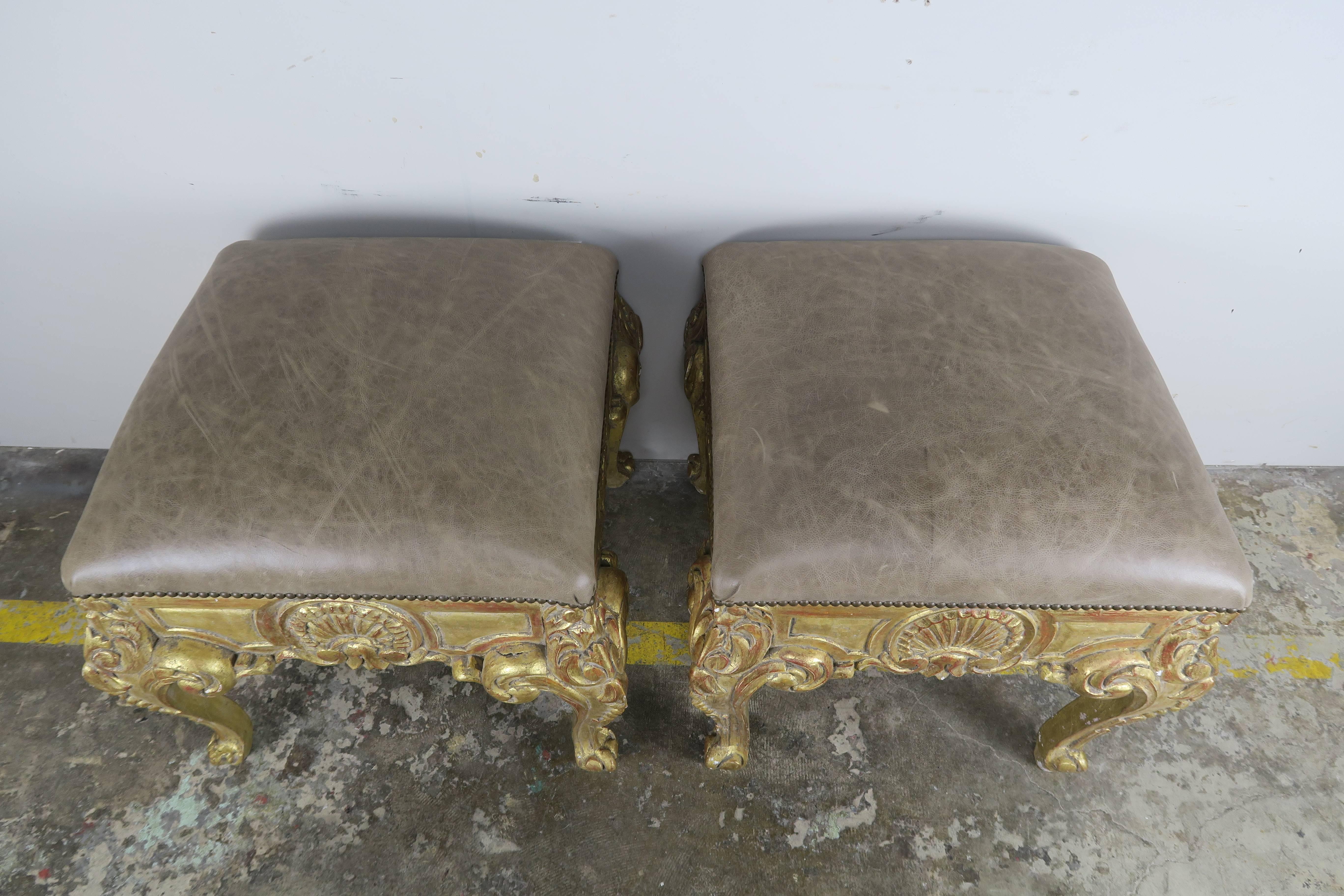 Pair of French Giltwood Benches with Leather Upholstery In Excellent Condition In Los Angeles, CA