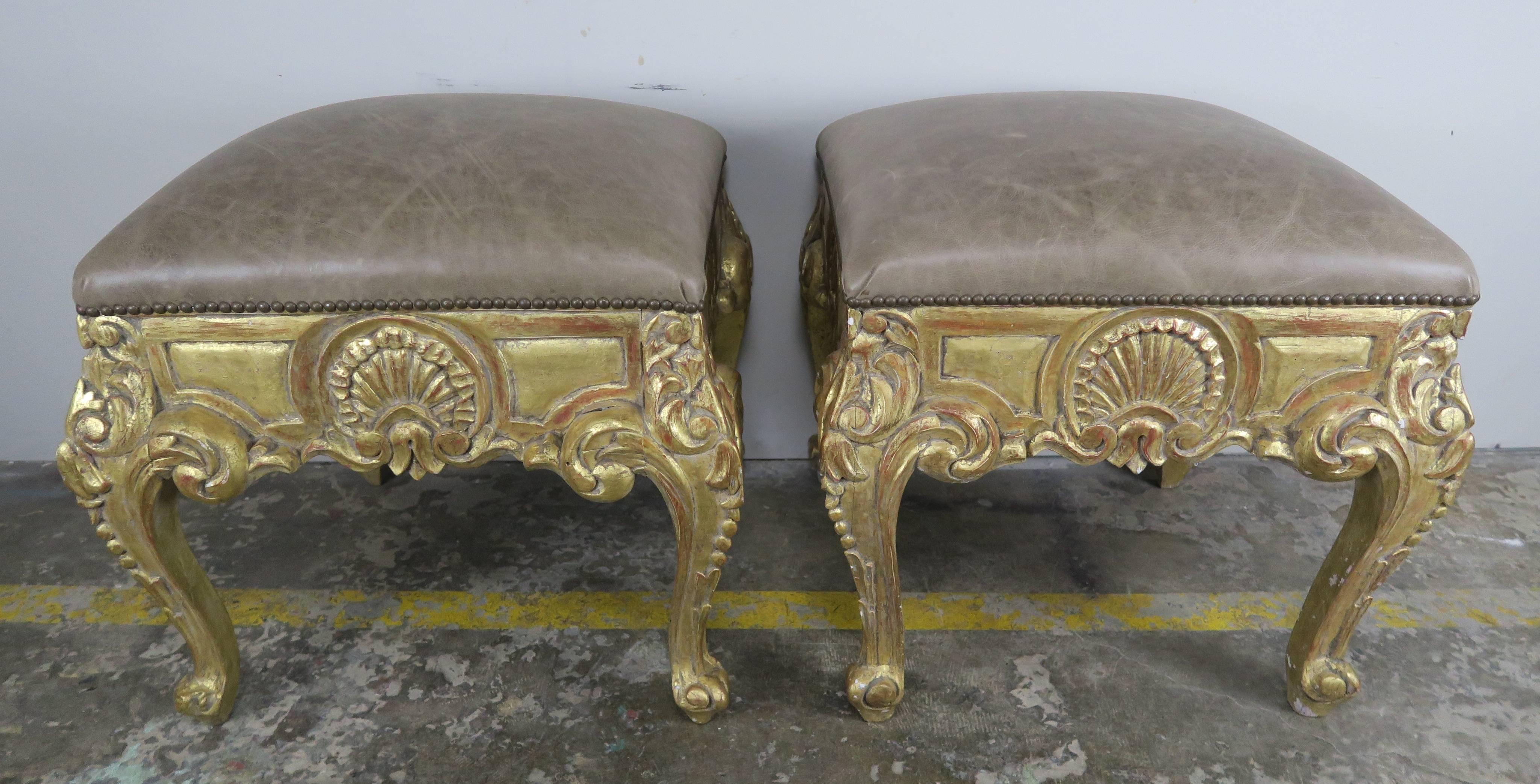 Louis XV Pair of French Giltwood Benches with Leather Upholstery