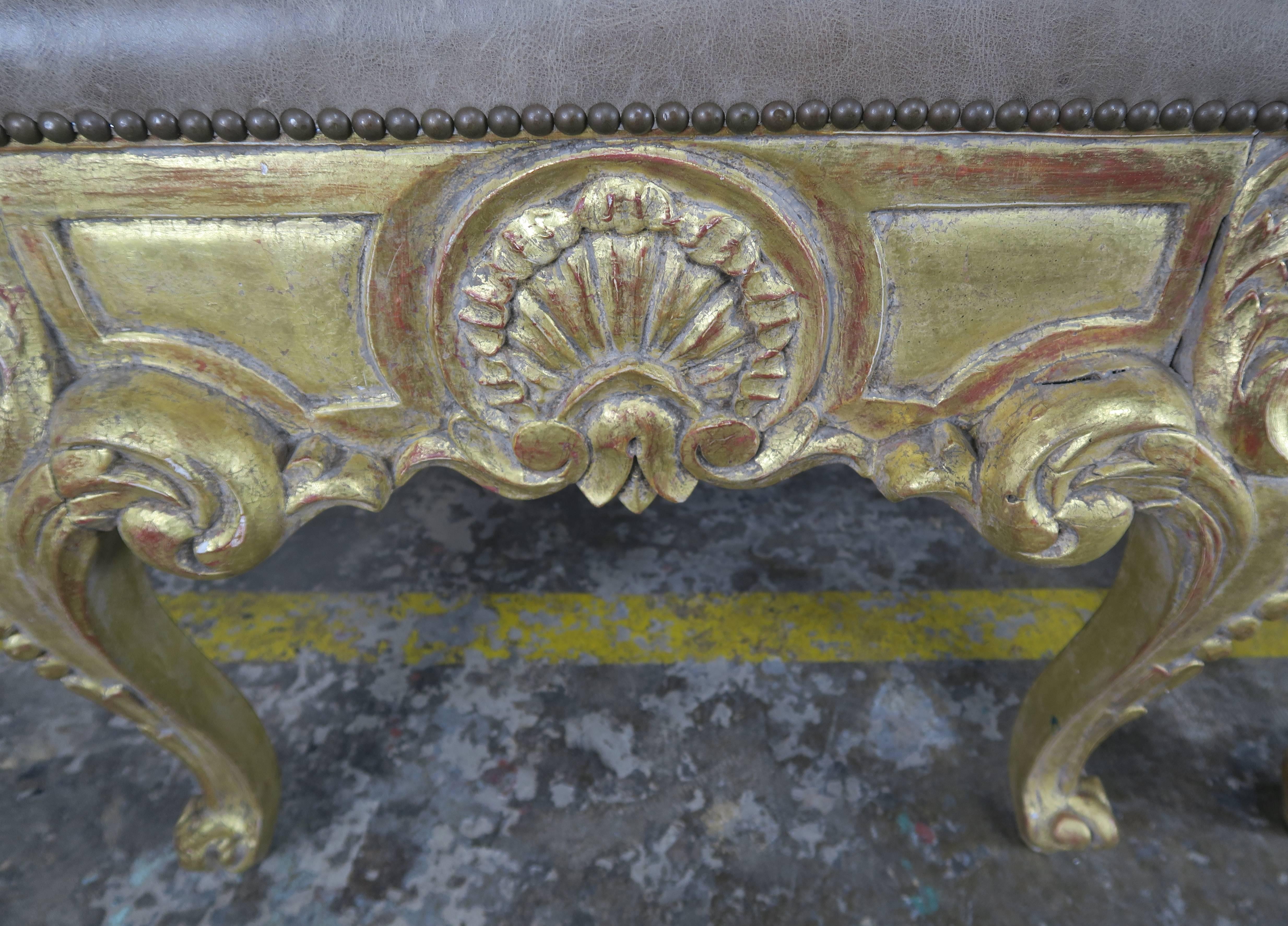 Mid-20th Century Pair of French Giltwood Benches with Leather Upholstery