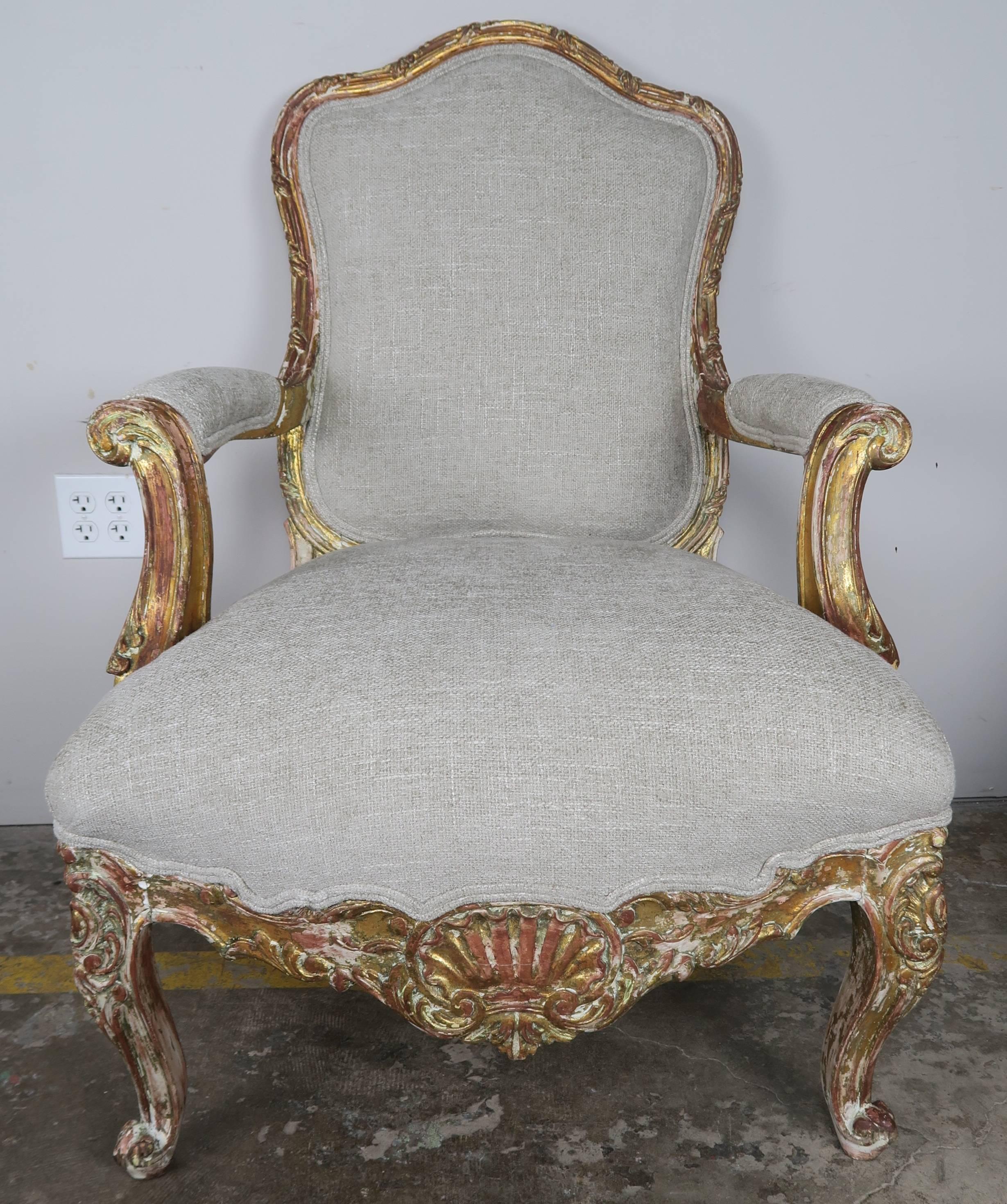 Louis XV Pair of French Giltwood Armchairs, circa 1930s