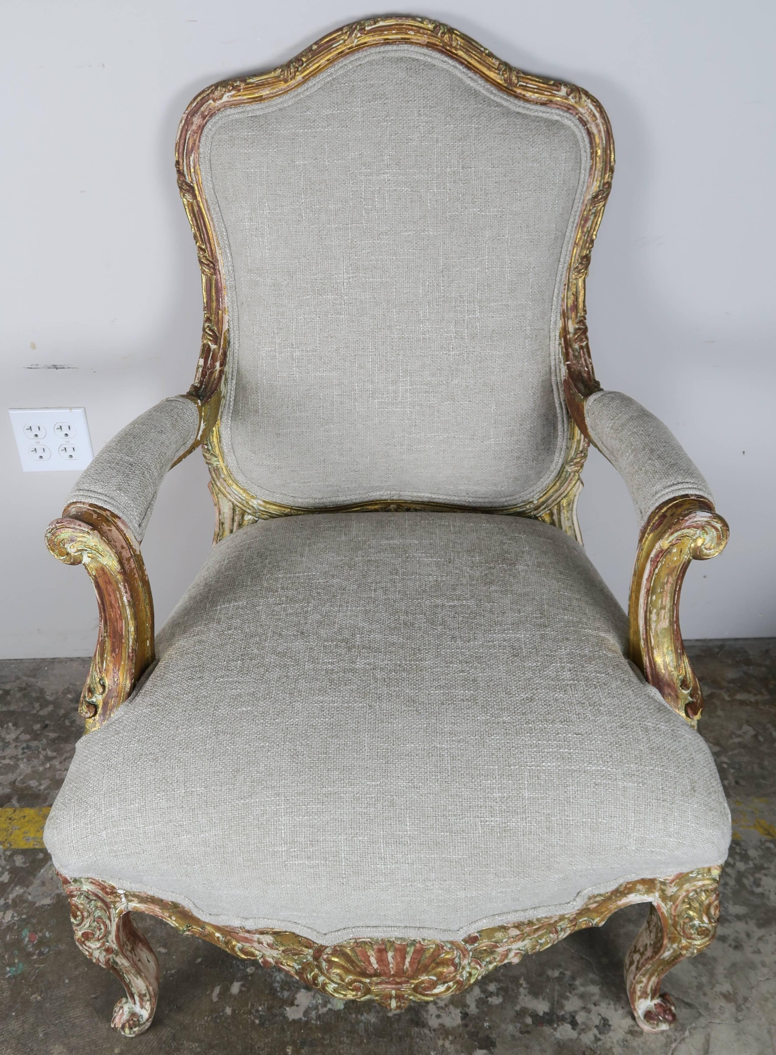 Pair of French Giltwood Armchairs, circa 1930s In Distressed Condition In Los Angeles, CA