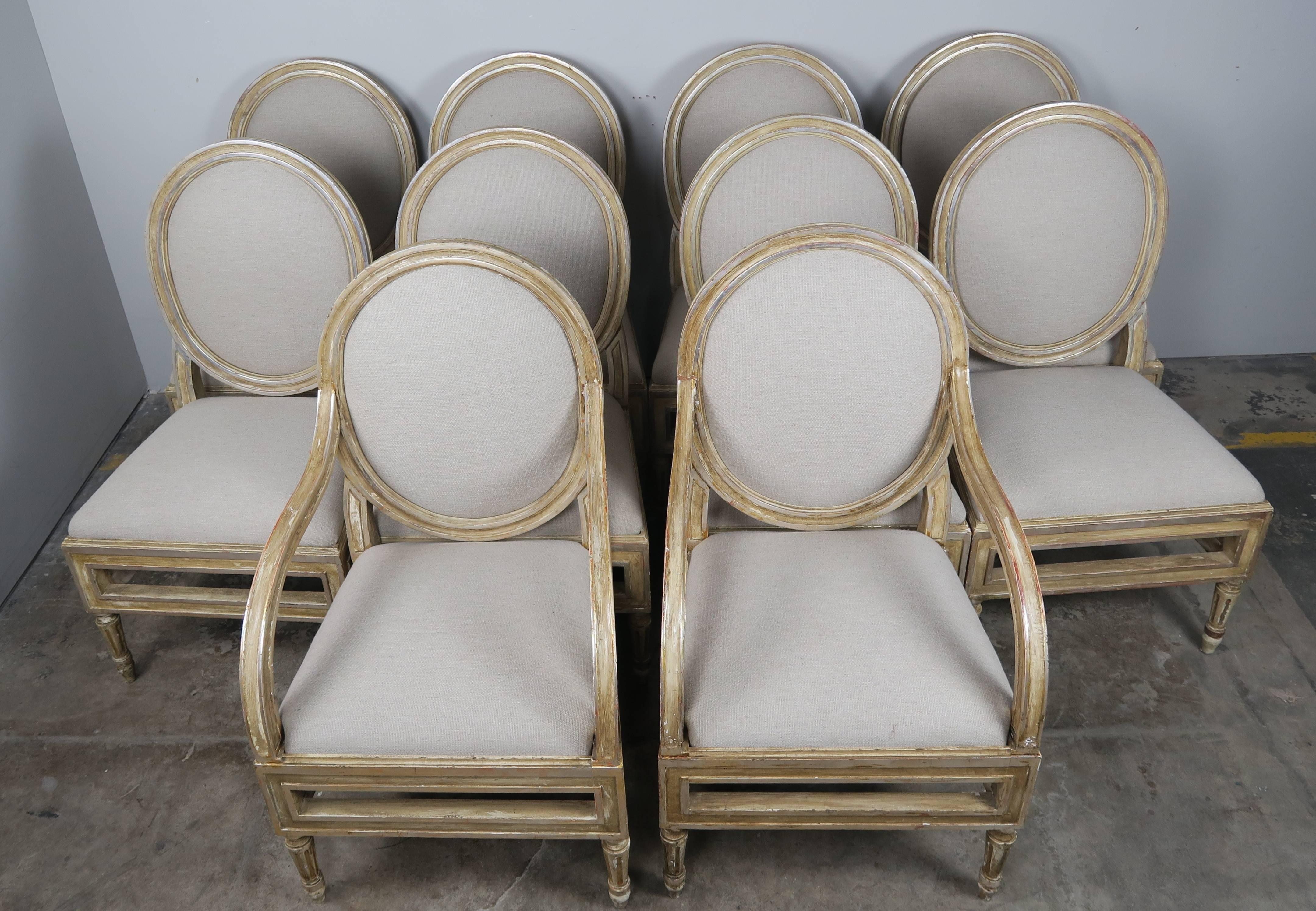 Louis XVI Set of Ten Italian Painted and Parcel-Gilt Dining Chairs