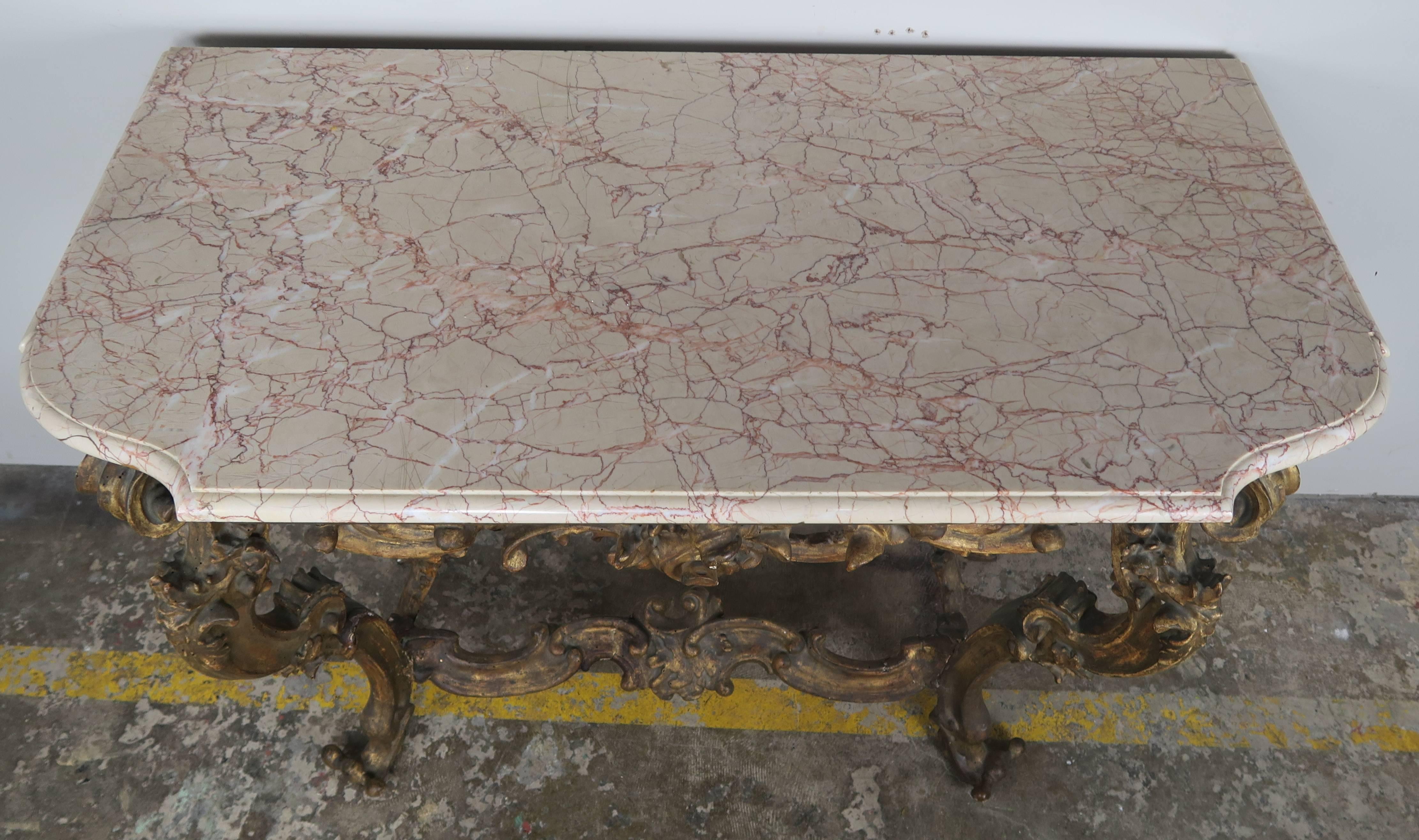 Rococo 19th Century Italian Giltwood Console with Marble Top