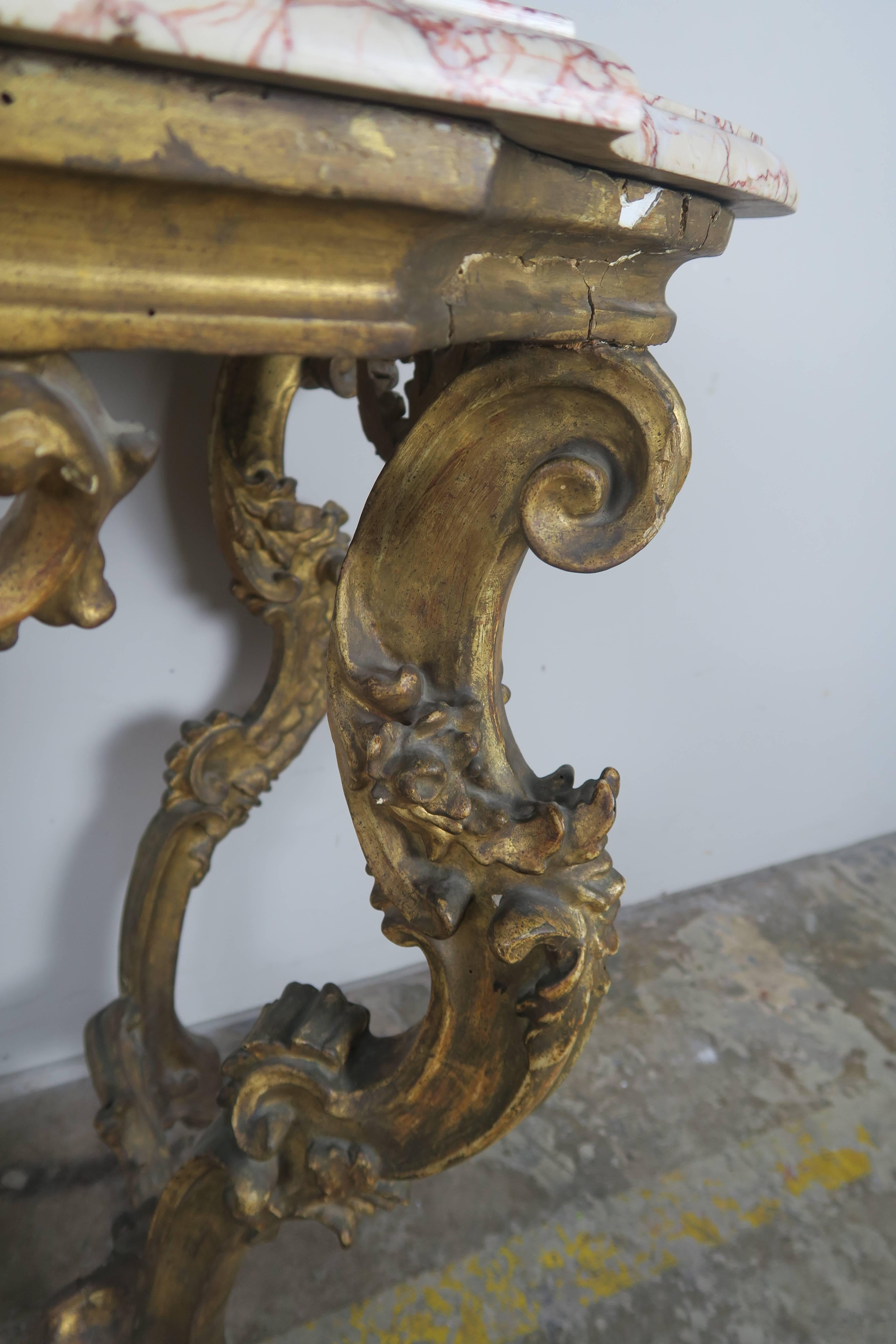 19th Century Italian Giltwood Console with Marble Top In Distressed Condition In Los Angeles, CA