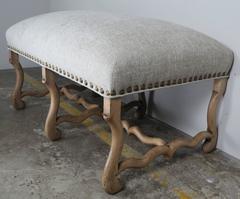 Spanish Walnut Bench with Linen Upholstery and Nailheads