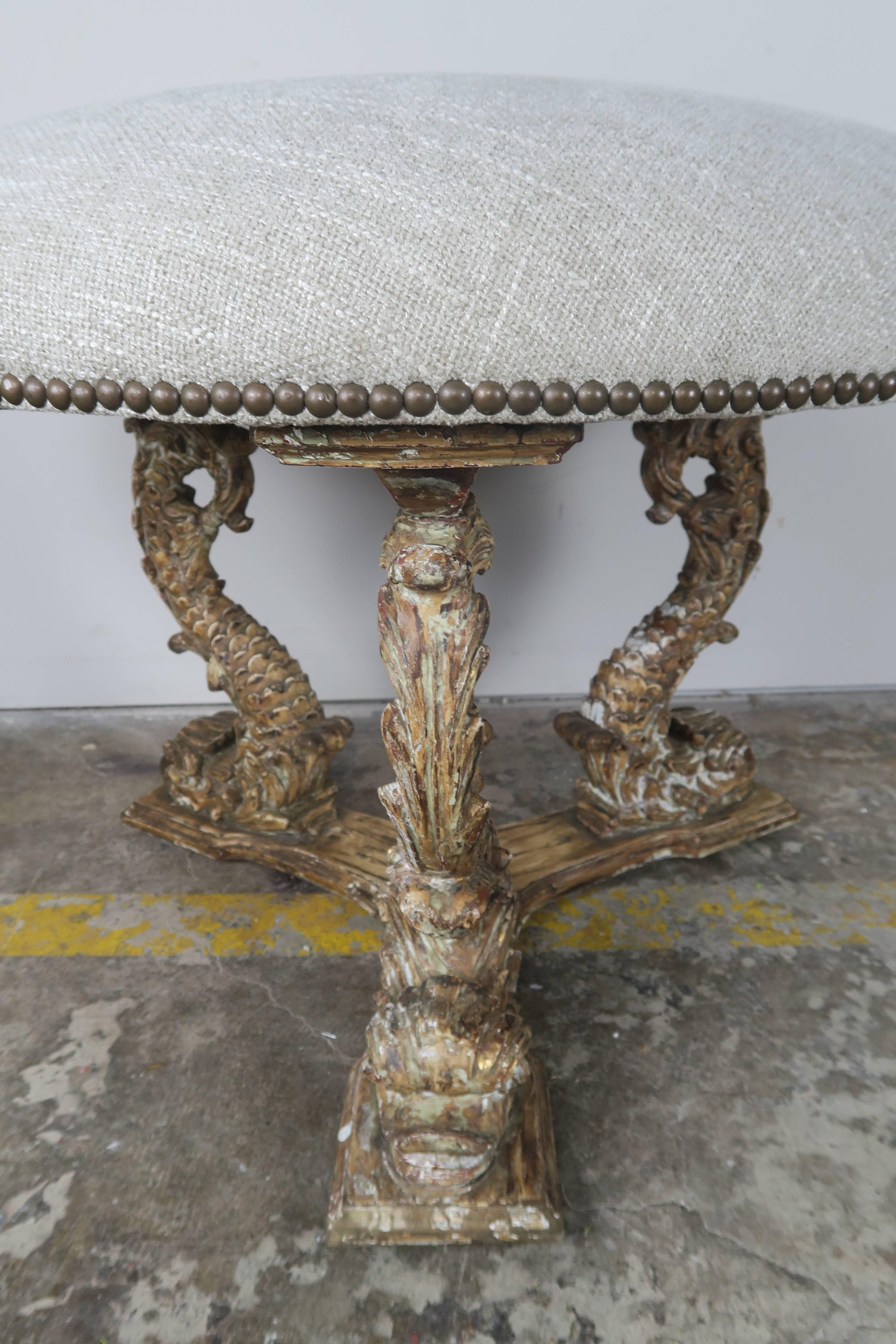 Early 20th Century Italian Tripod Giltwood Dolphin Bench, circa 1920s