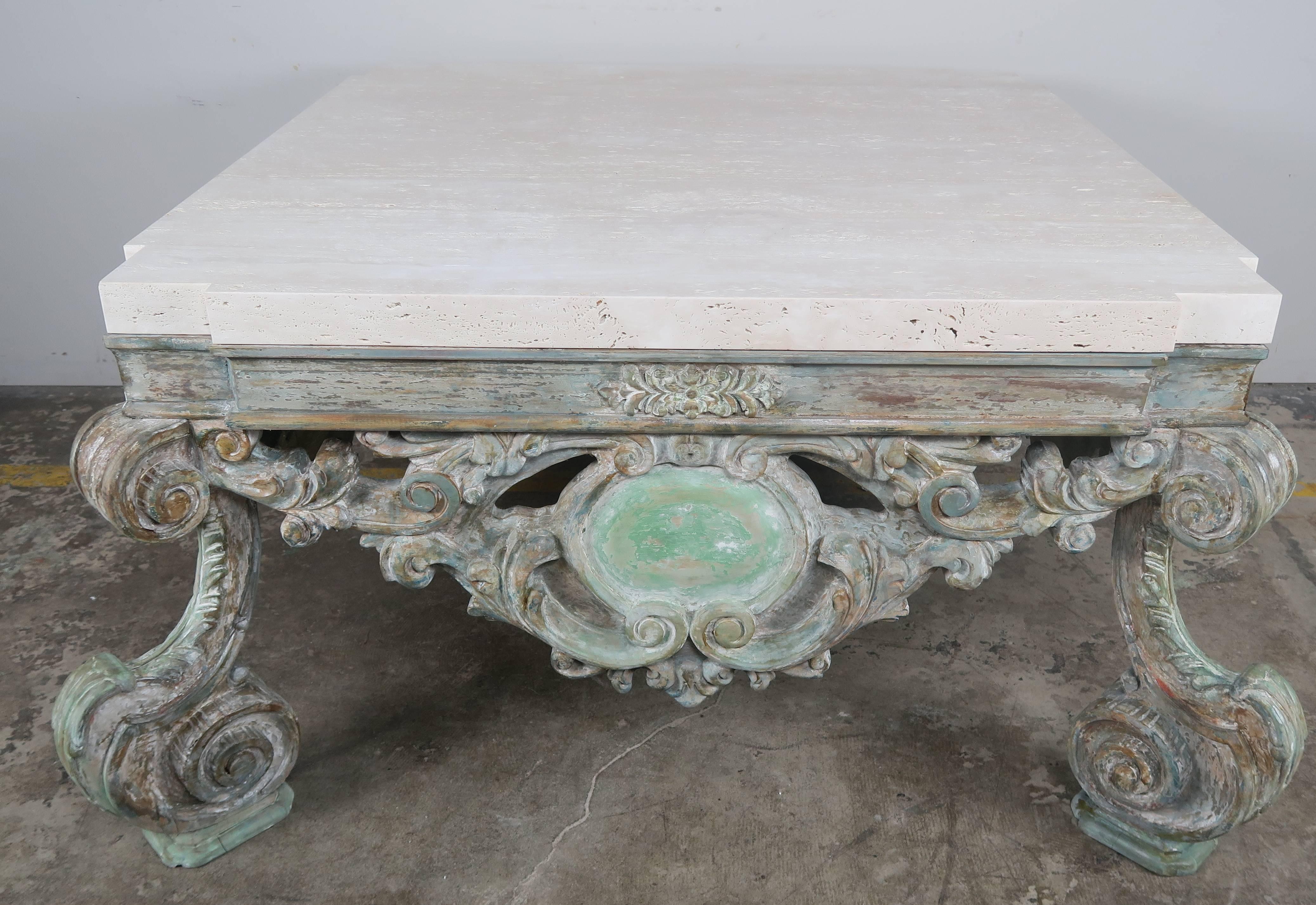 Rococo French Louis XV Style Coffee Table with Travertine Top