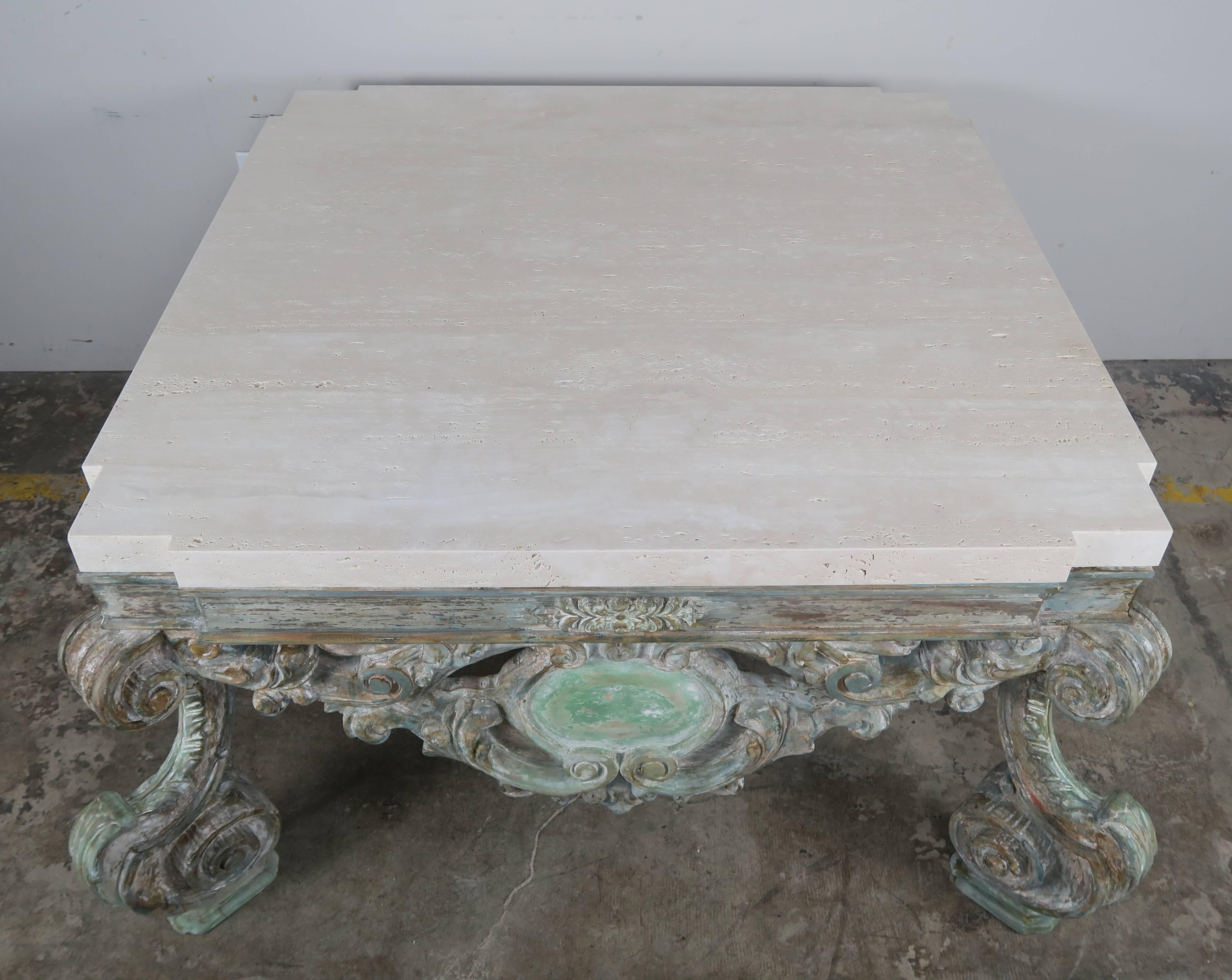 French Louis XV Style Coffee Table with Travertine Top In Distressed Condition In Los Angeles, CA
