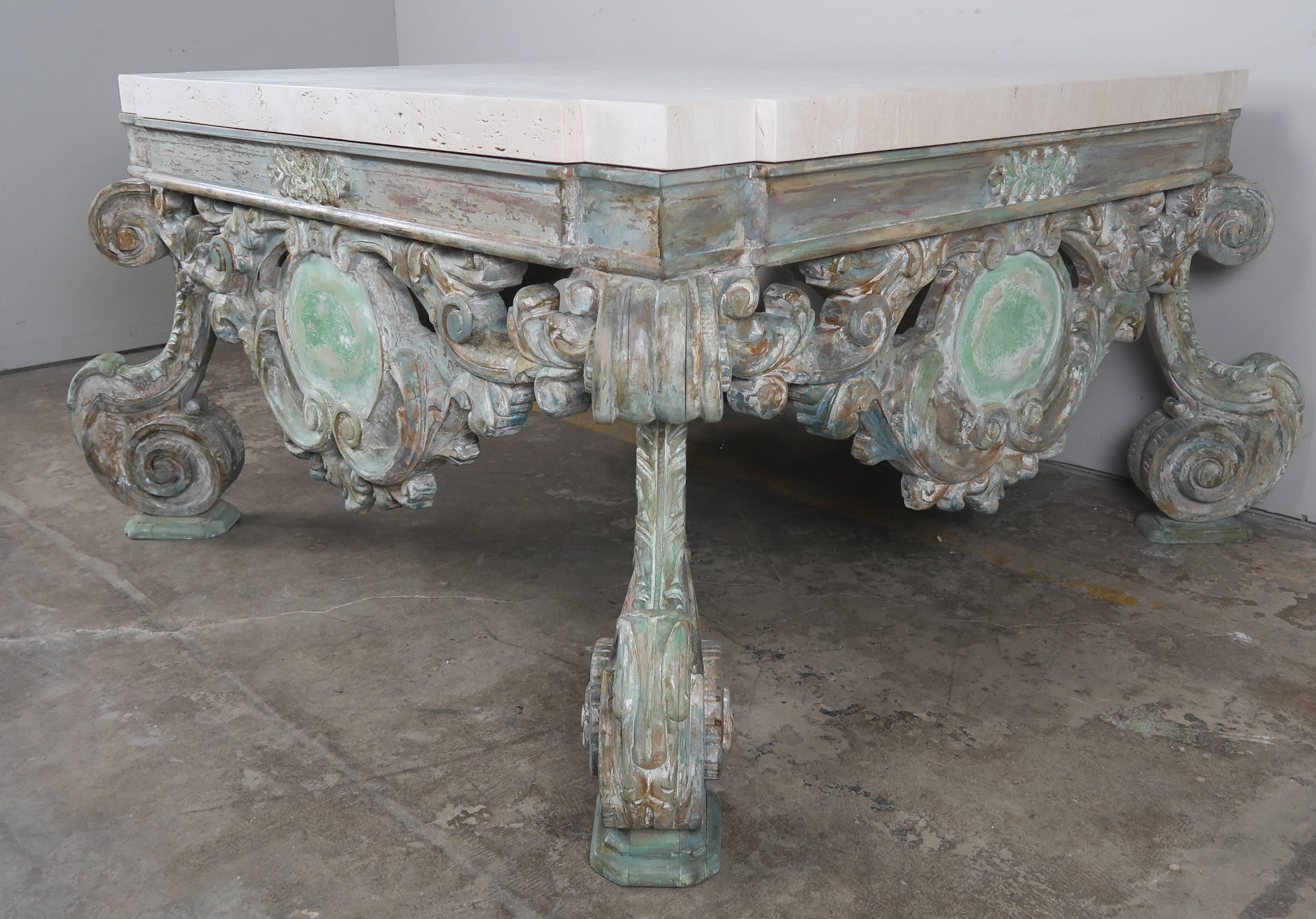 Hand-Painted French Louis XV Style Coffee Table with Travertine Top