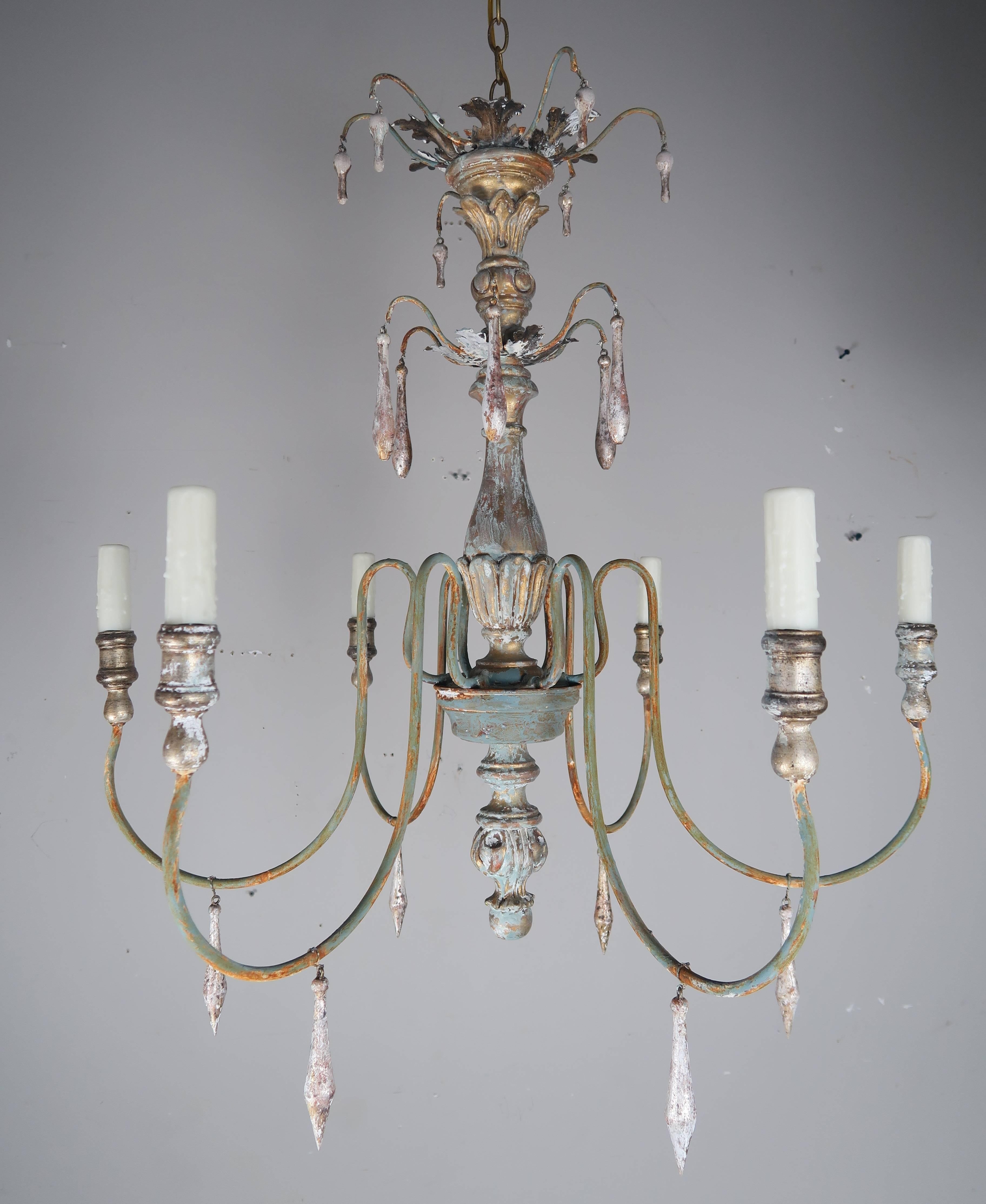Hand-Painted Painted Six-Light Italian Chandelier with Wood Tassels