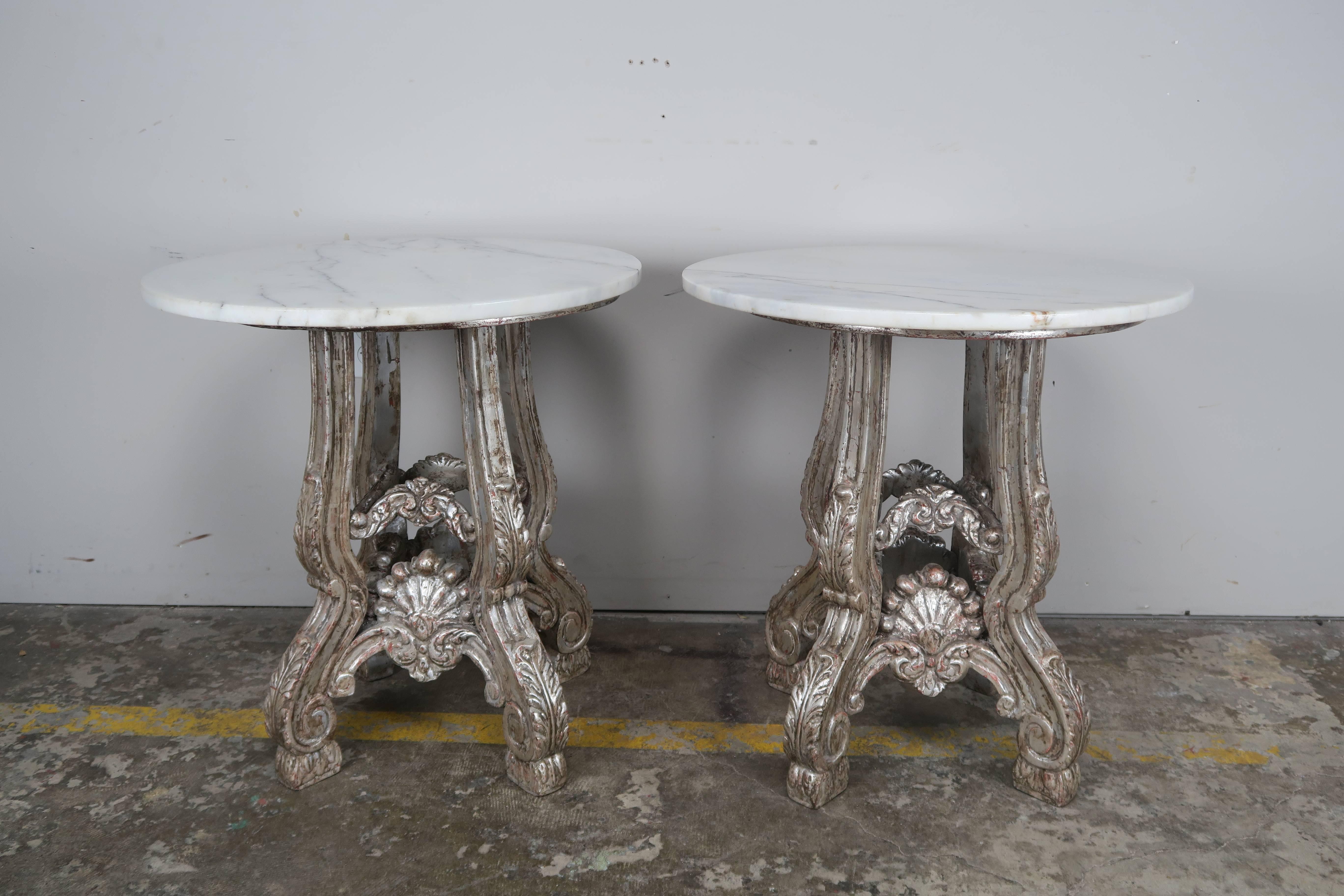 Rococo Pair of French Silvered Tables with Marble Tops
