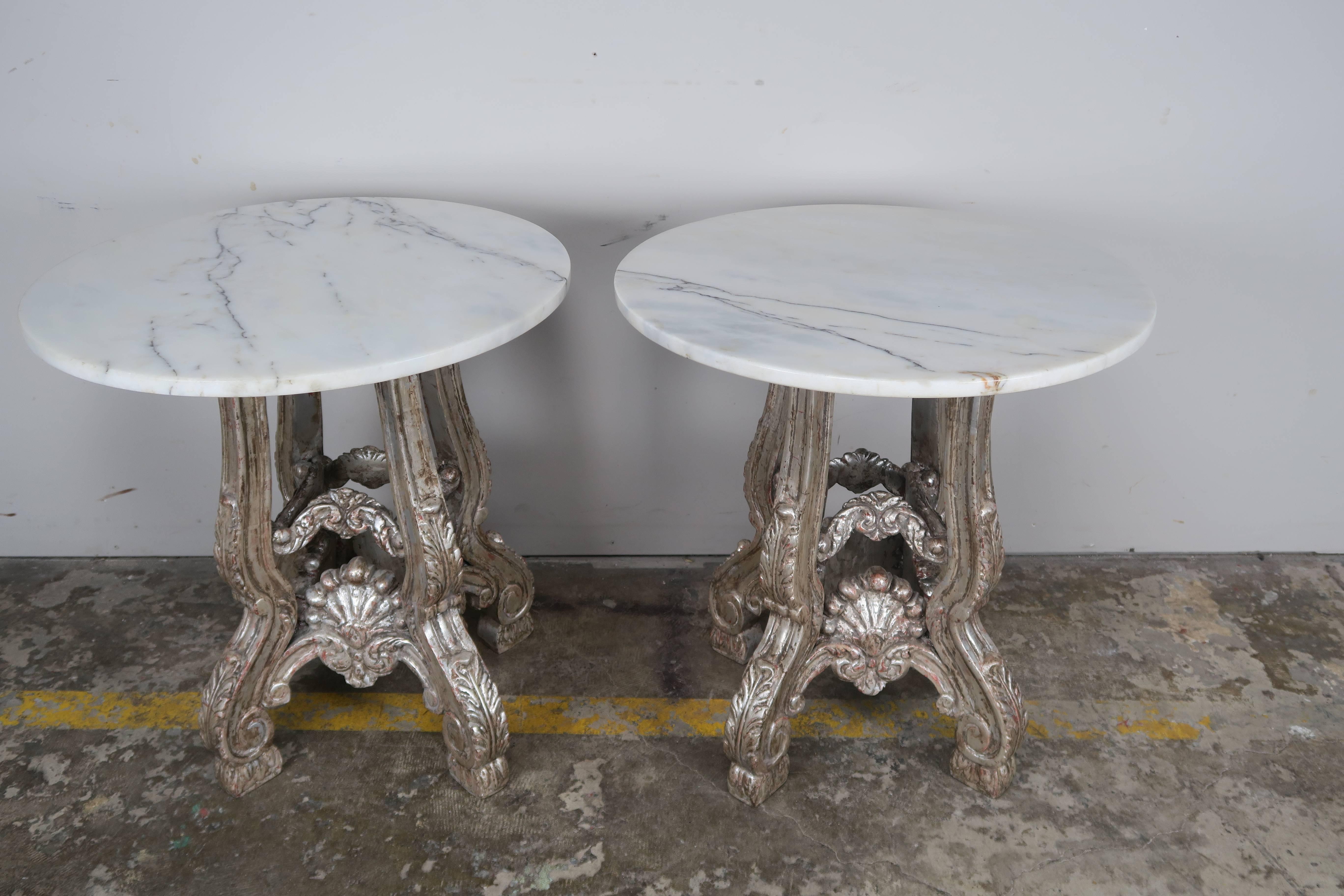 Pair of French Silvered Tables with Marble Tops In Excellent Condition In Los Angeles, CA