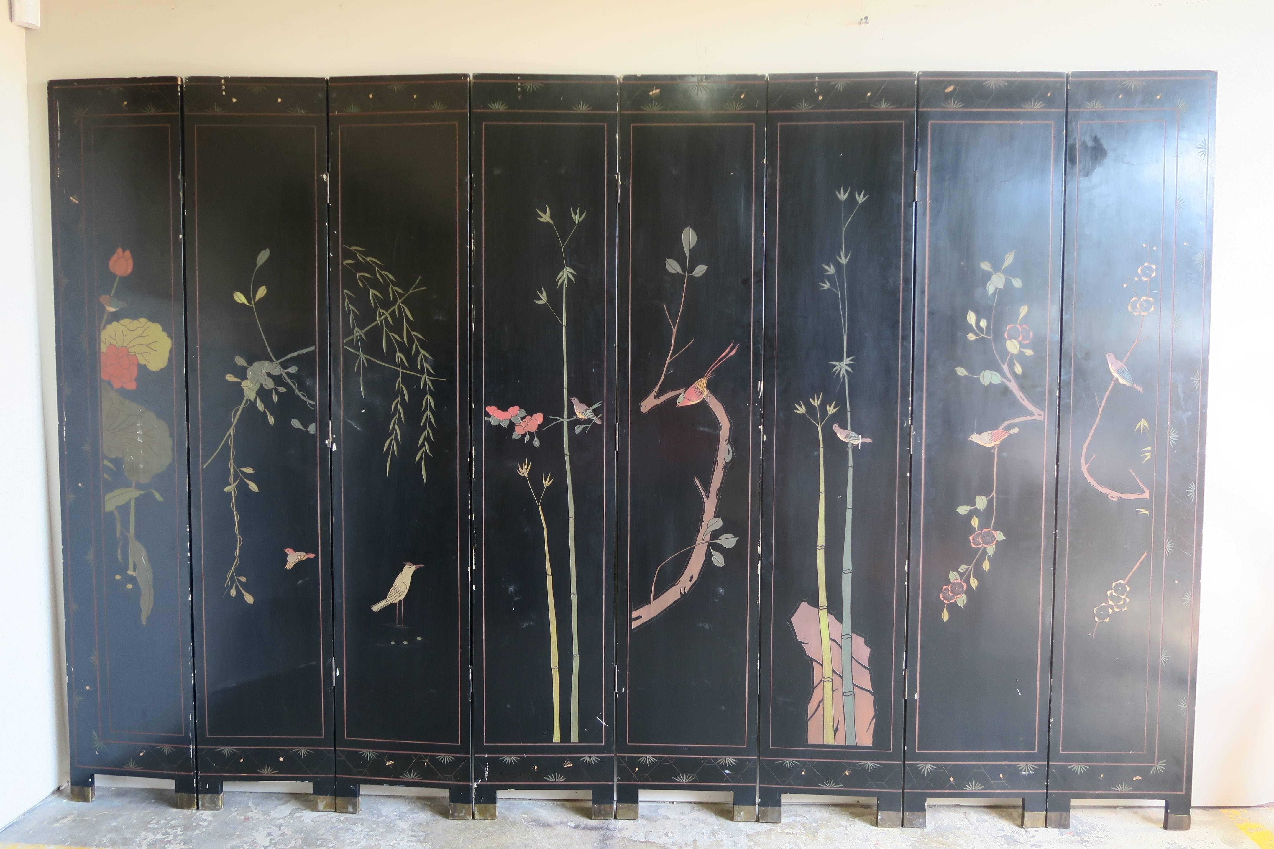 Mid-20th Century Eight-Panel Black and Gold Lacquered Chinese Screen