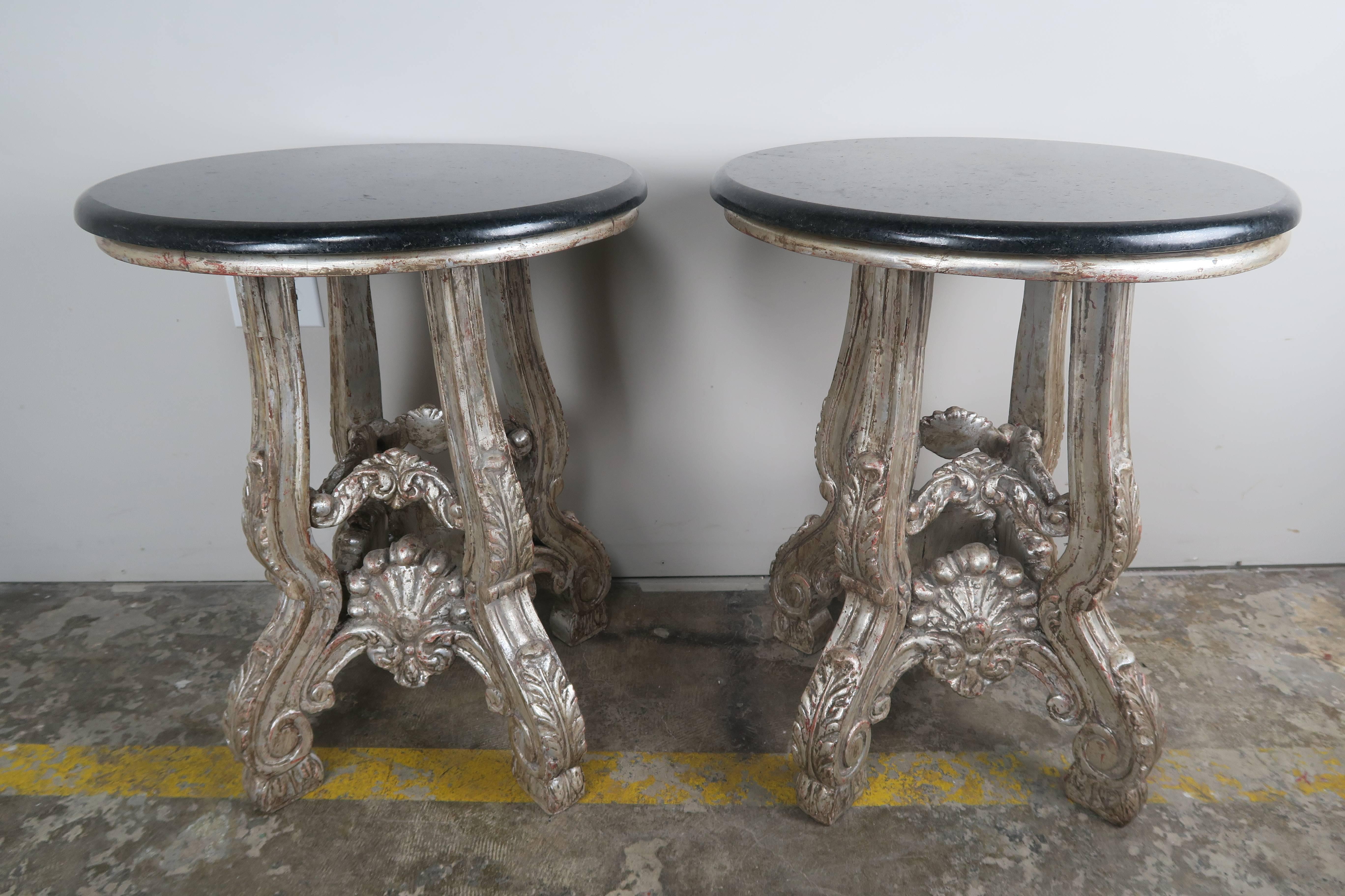 Rococo French Silver Leaf Side Tables with Black Granite Tops, Pair