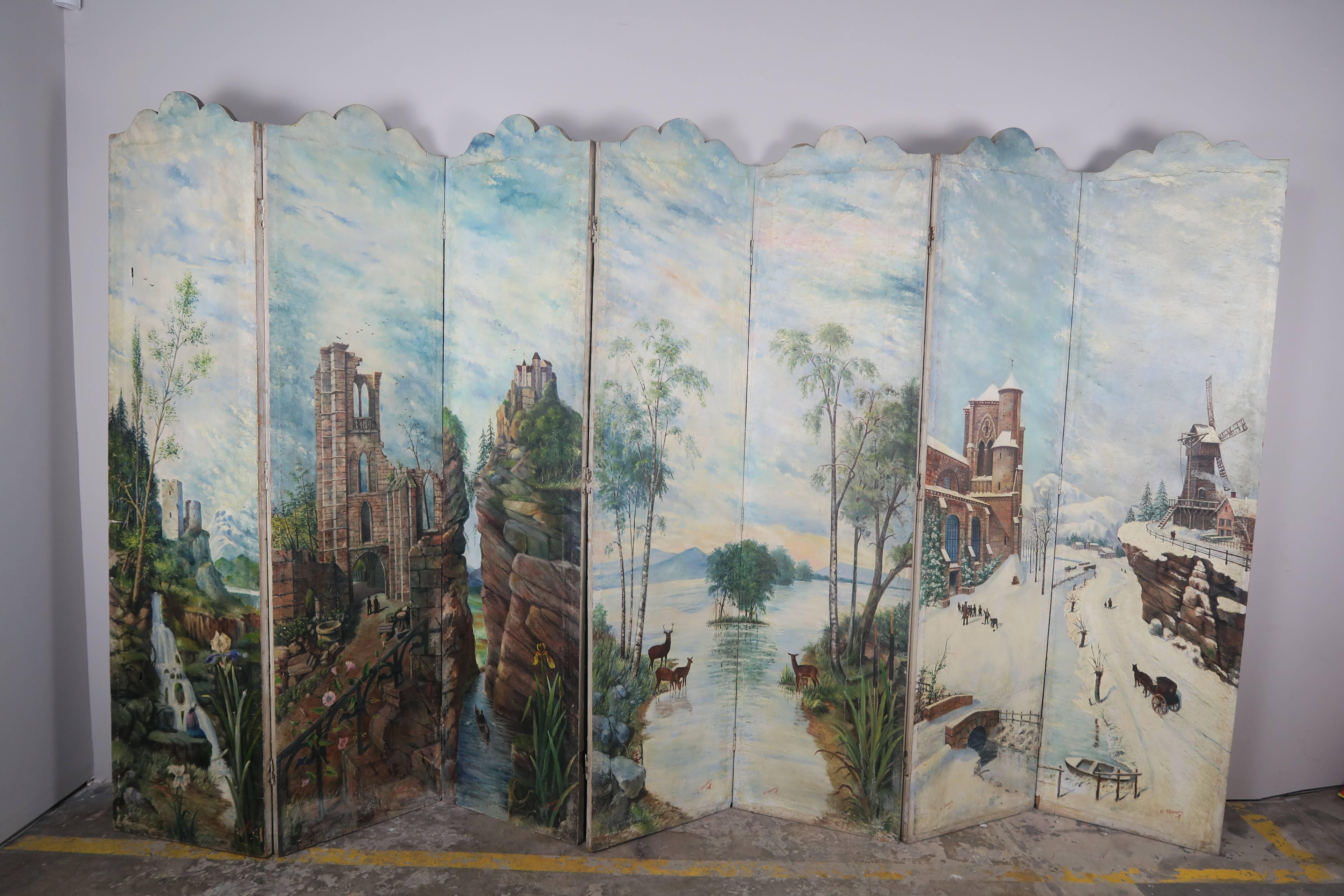 19th century Italian seven-panel hand painted screen depicting a few varying winter scenes. Signature reads 