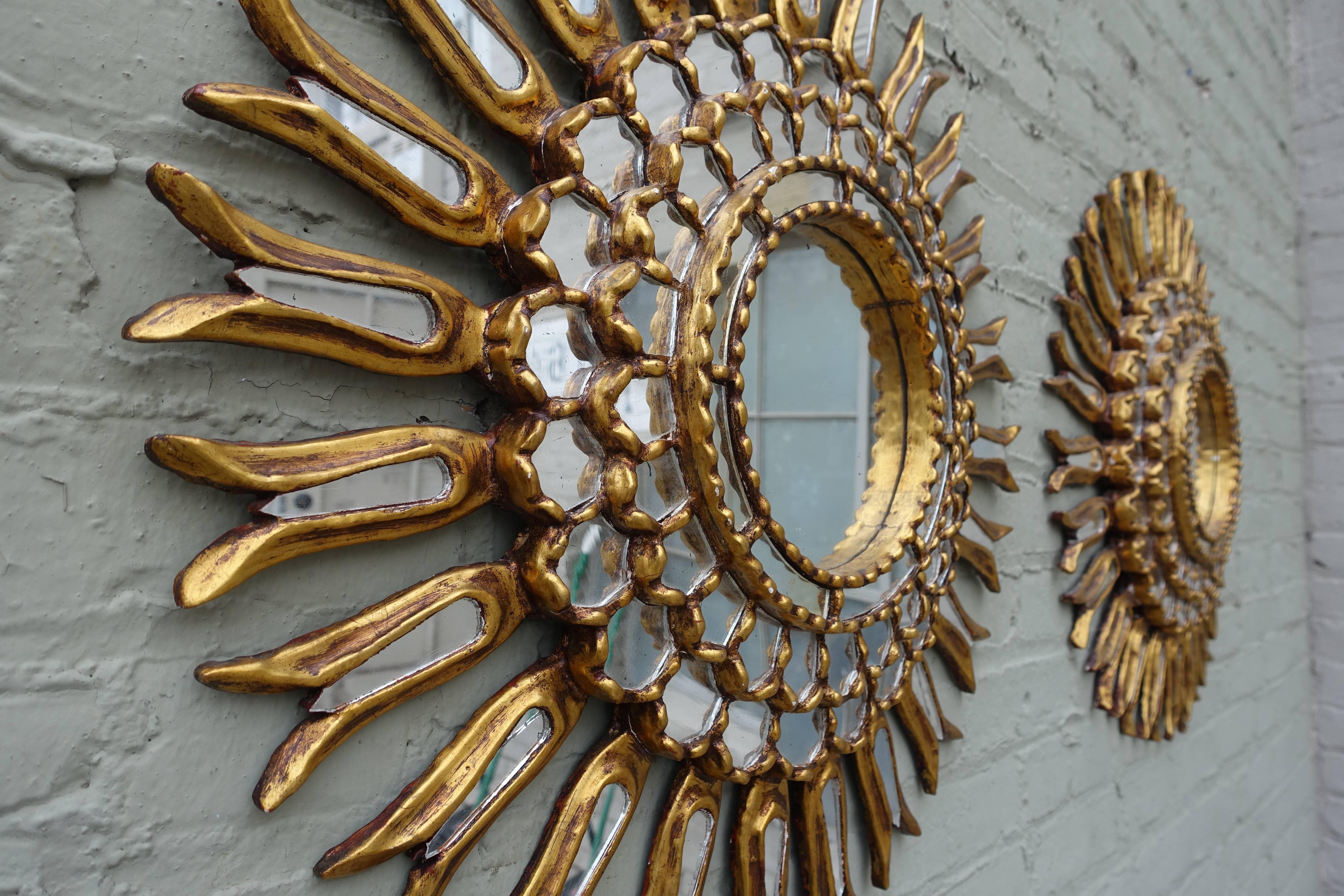 Mid-20th Century Spanish Gold Leaf Sunburst Mirror, Pair