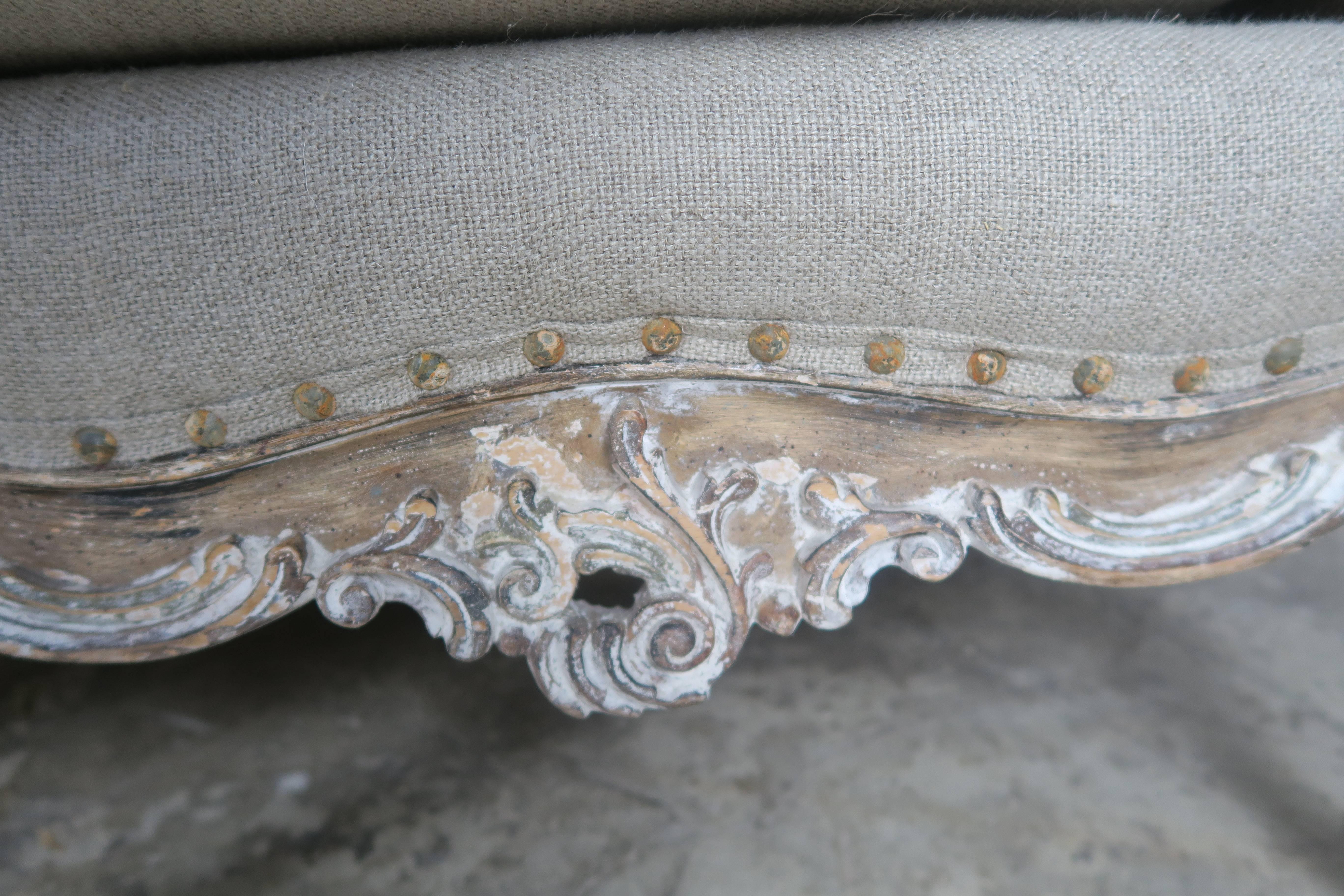 Linen French Rococo Style Painted Sofa, circa 1930s