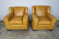 French Deco Leather Armchairs with Nailheads, Pair