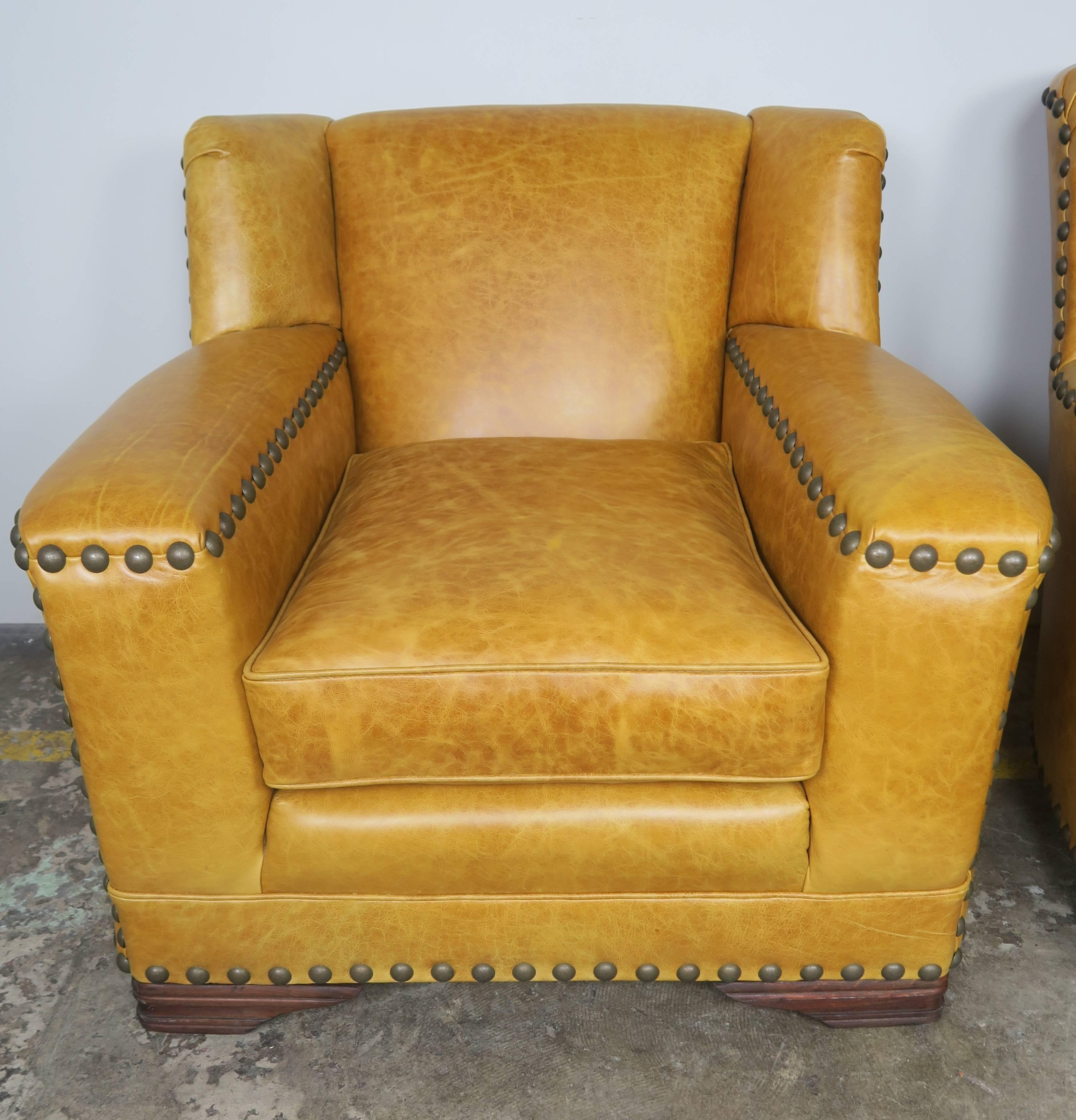Art Deco French Deco Leather Armchairs with Nailheads, Pair