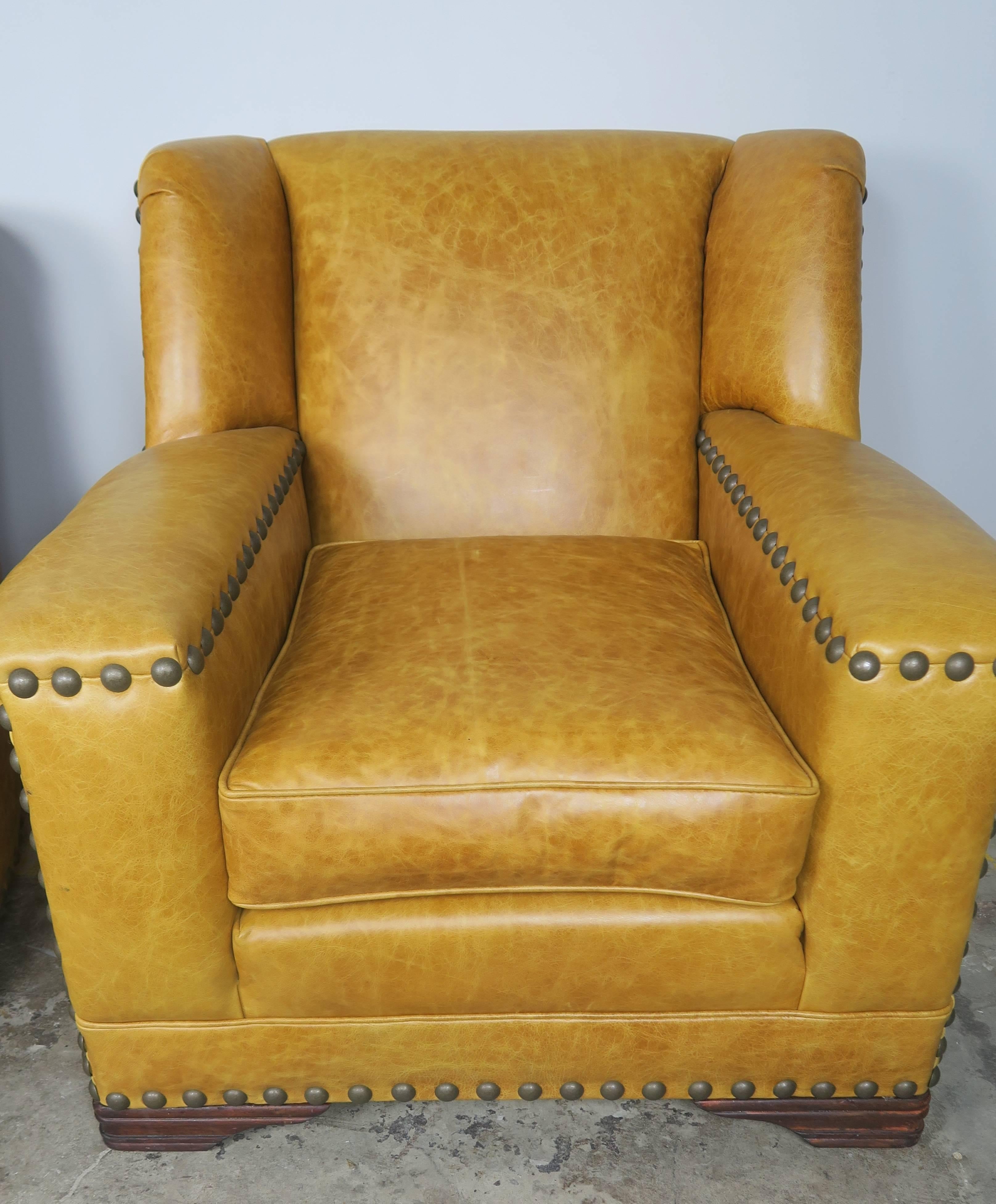 French Deco Leather Armchairs with Nailheads, Pair In Excellent Condition In Los Angeles, CA