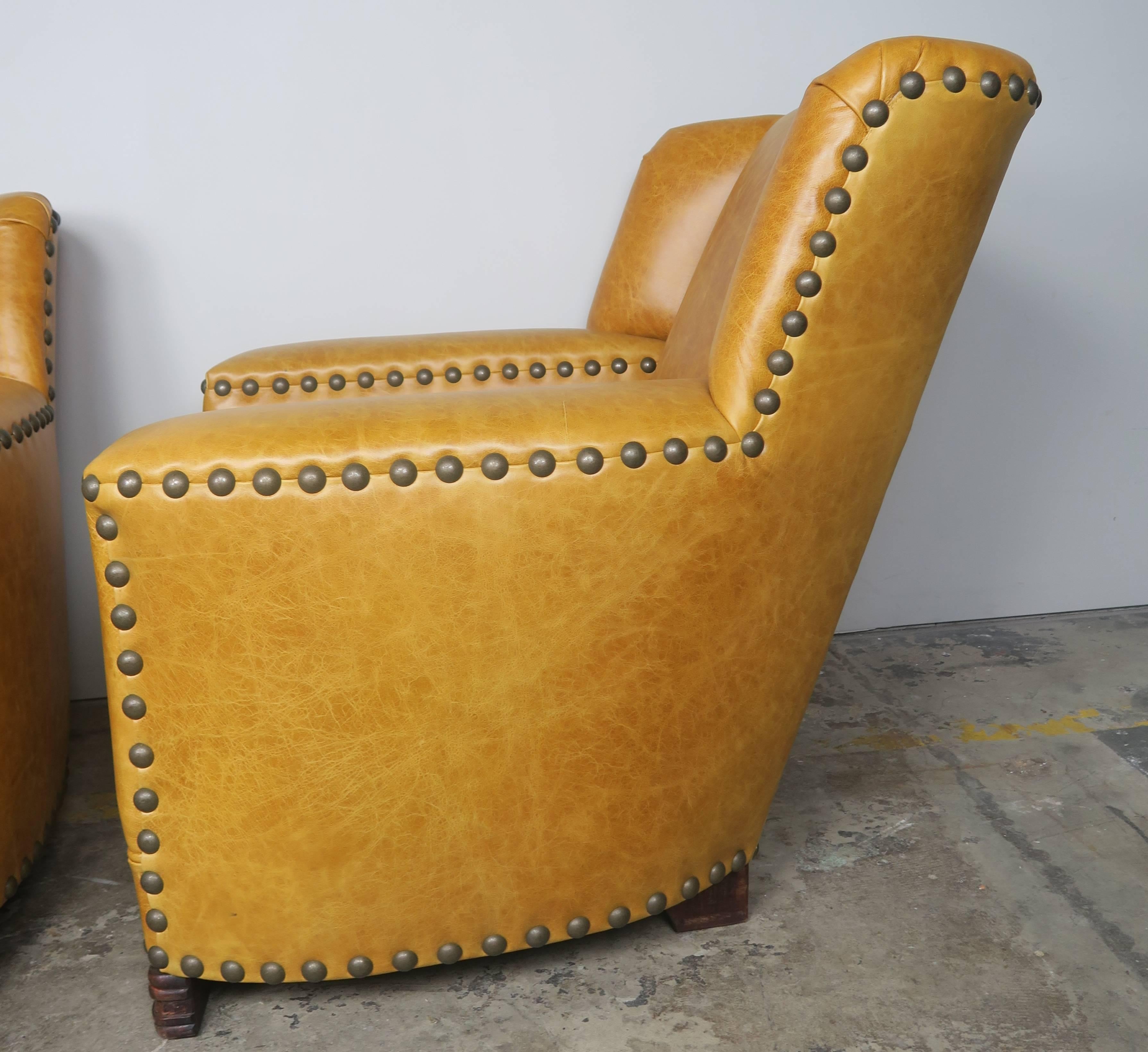 Brass French Deco Leather Armchairs with Nailheads, Pair