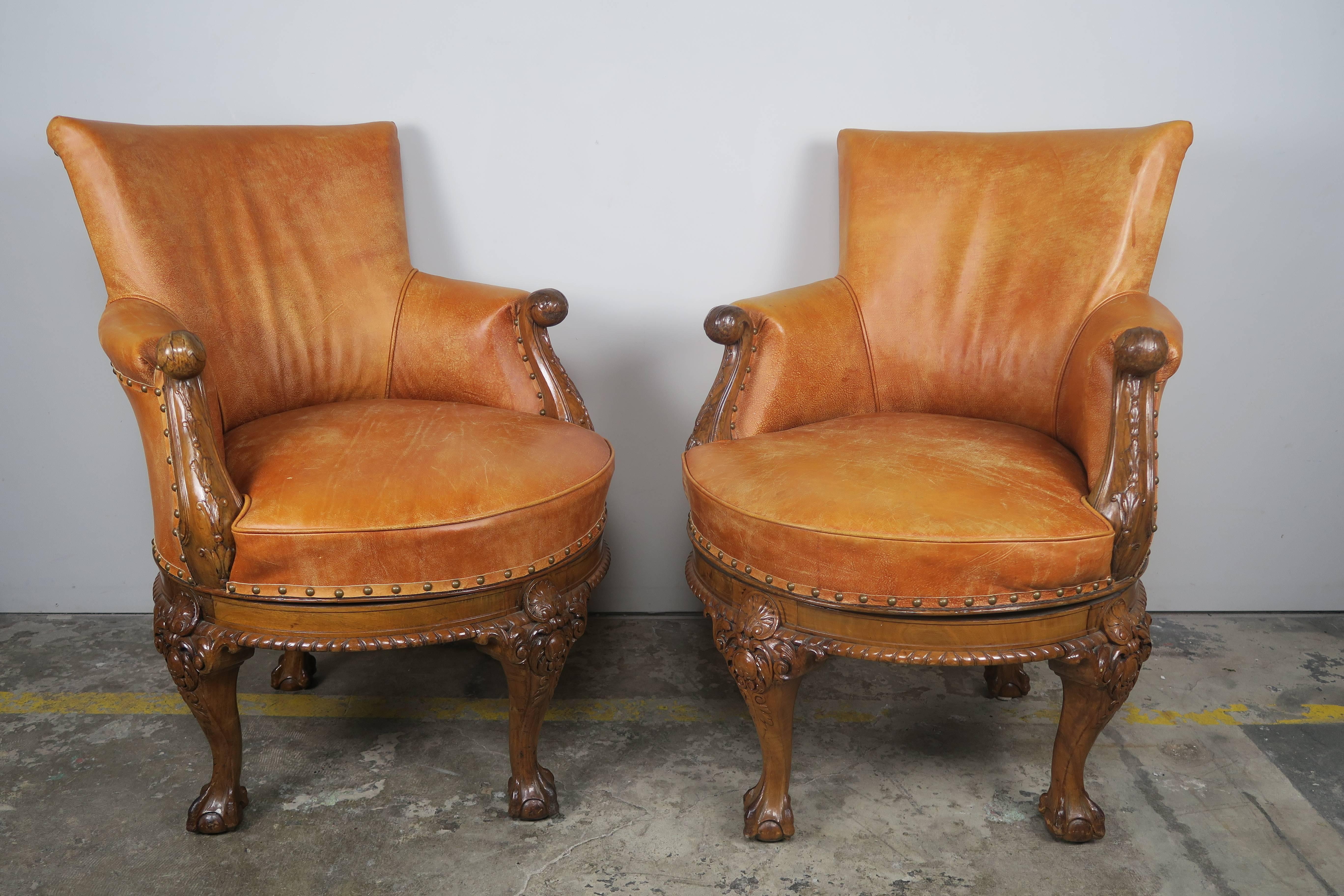 English Pair of George II Style Walnut Swivel Library Chairs